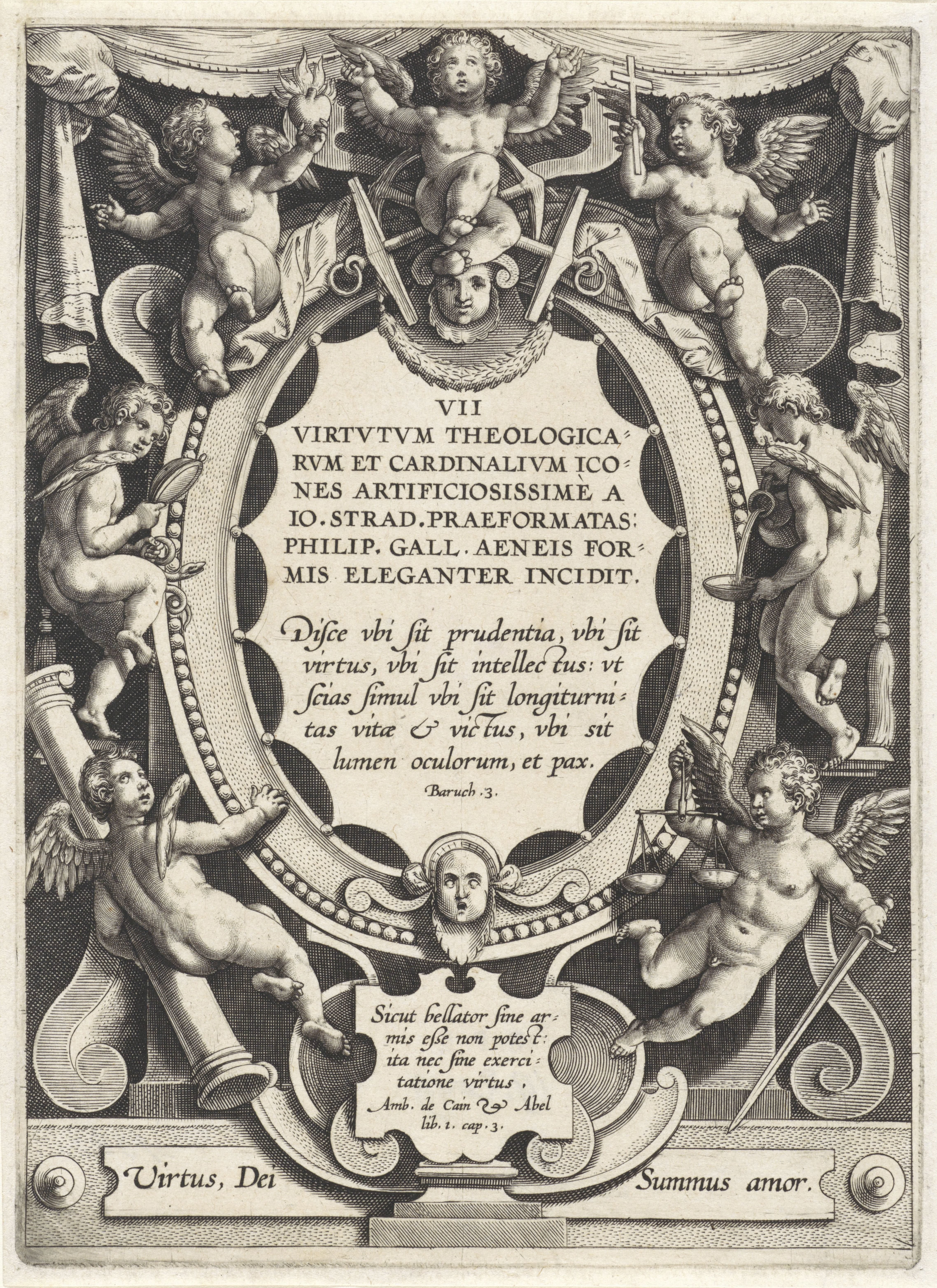 Cartouche met serietitel, omringd door putti