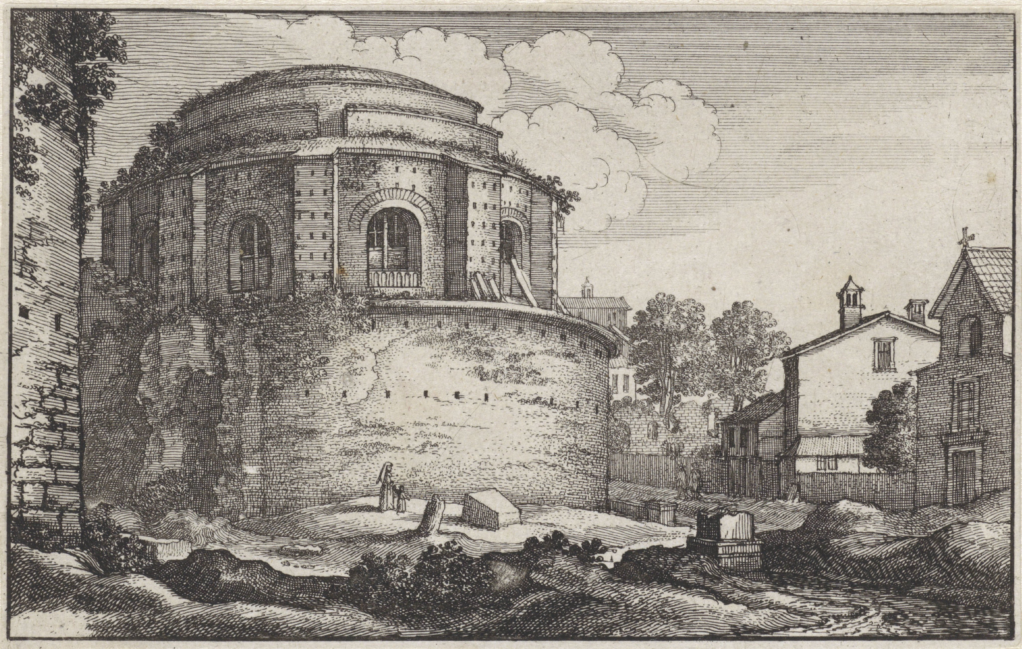 Gezicht op een rond Romeins gebouw