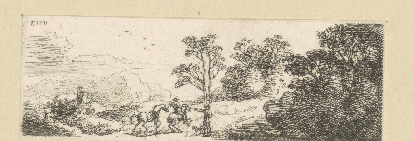 Landschap met ruiter en een figuur met een hond