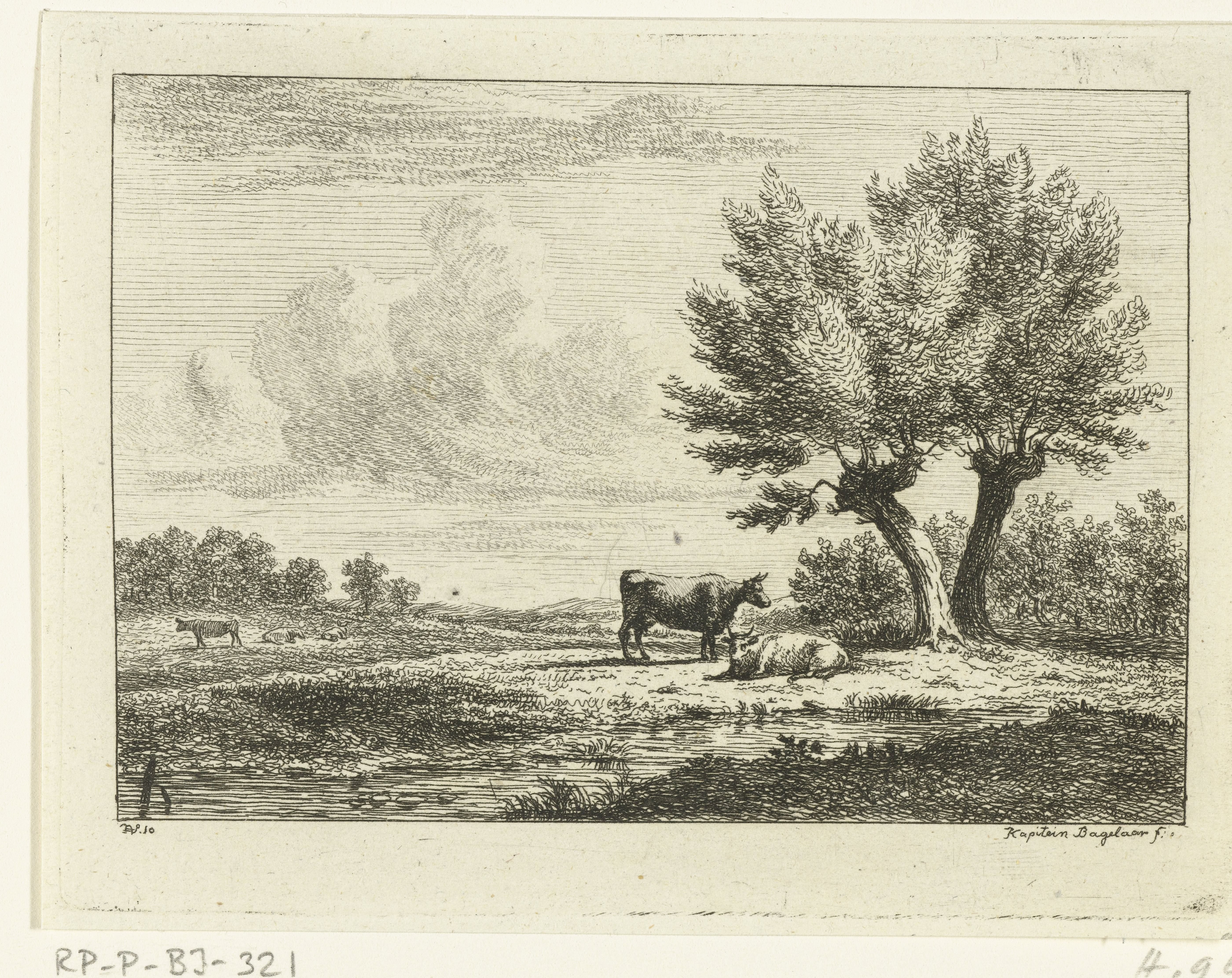 Landschap met twee koeien bij een wilg