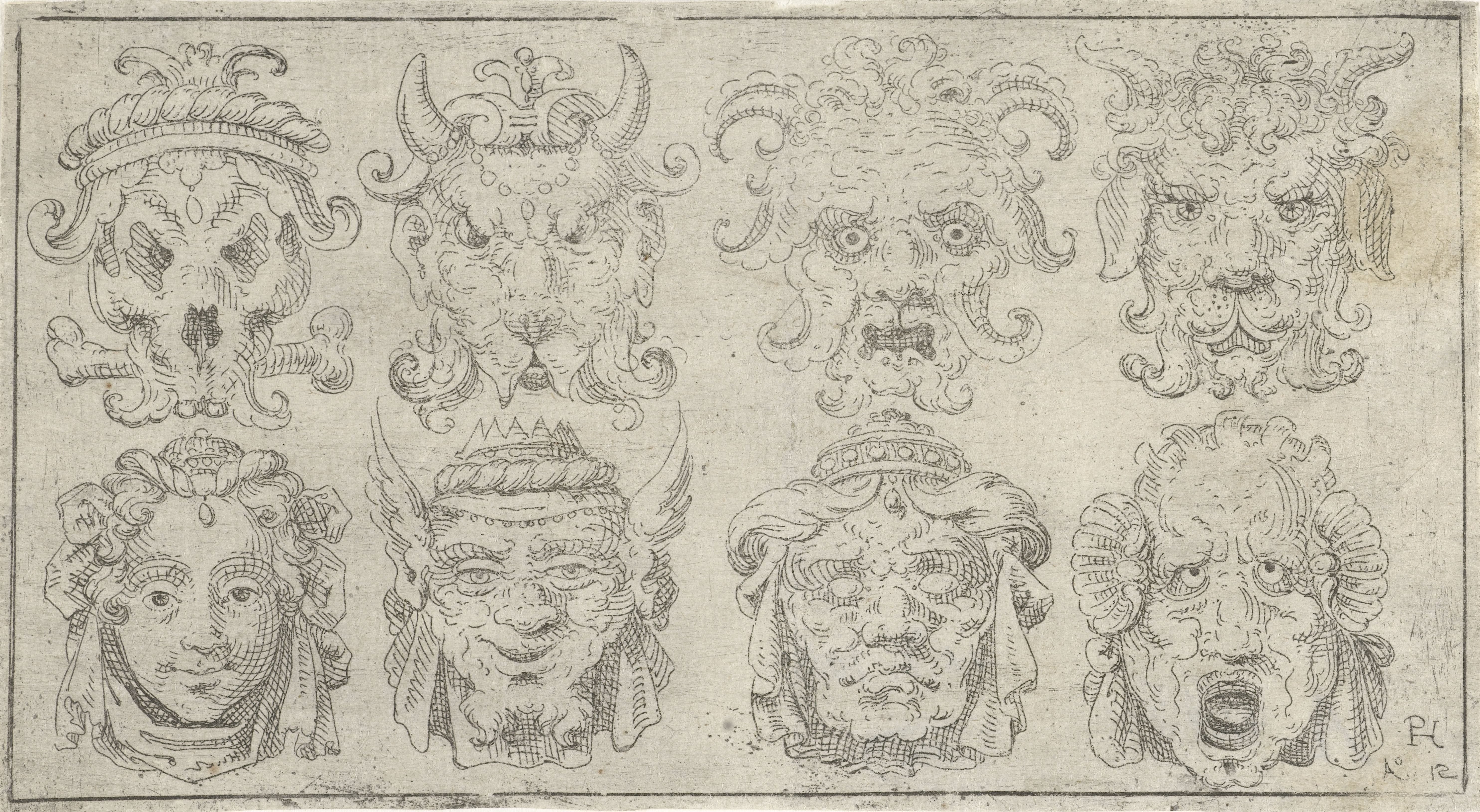 Studieblad met acht maskers