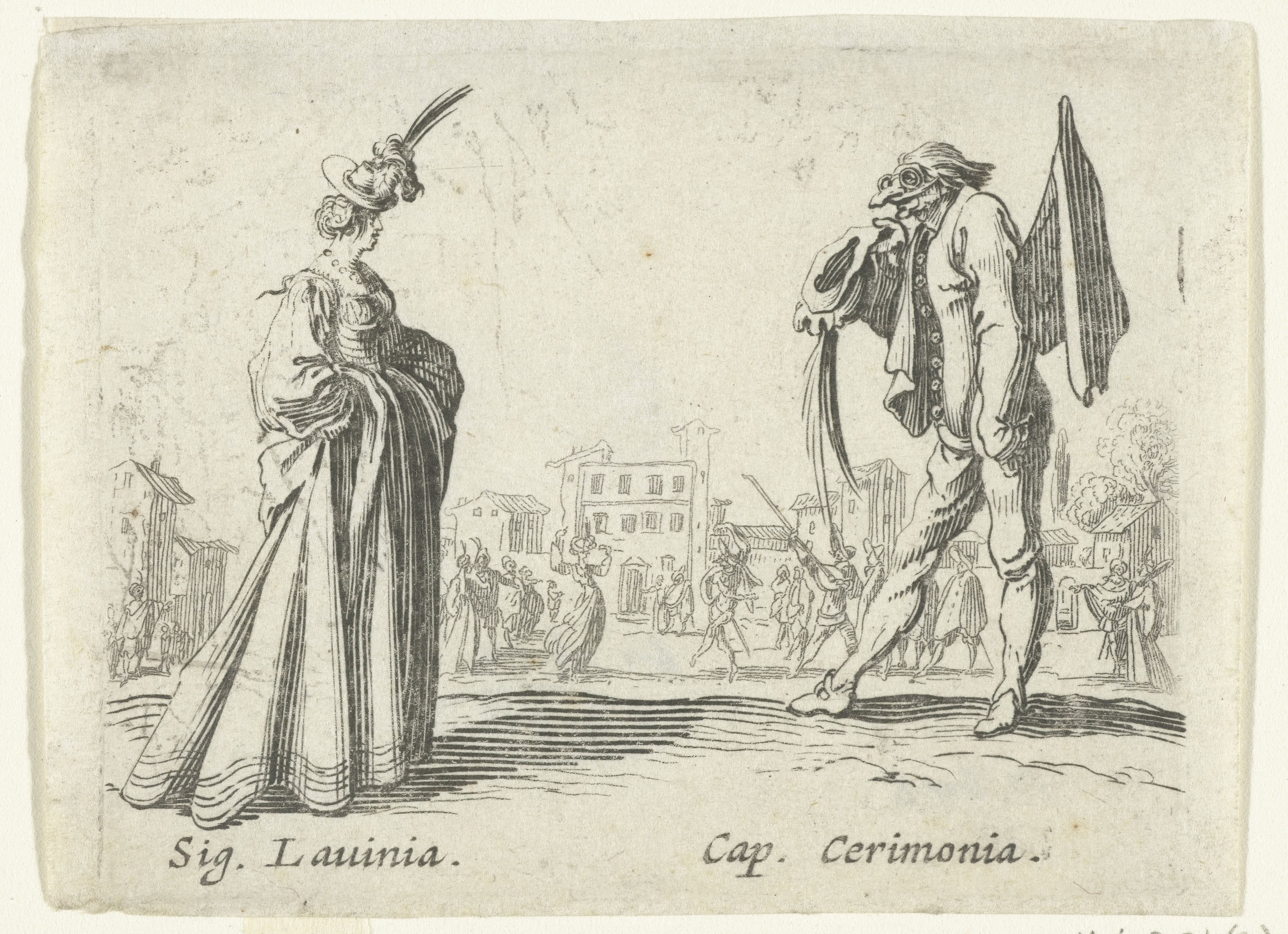 Twee straatartiesten als Signora Lavinia en Capitano Cerimonia