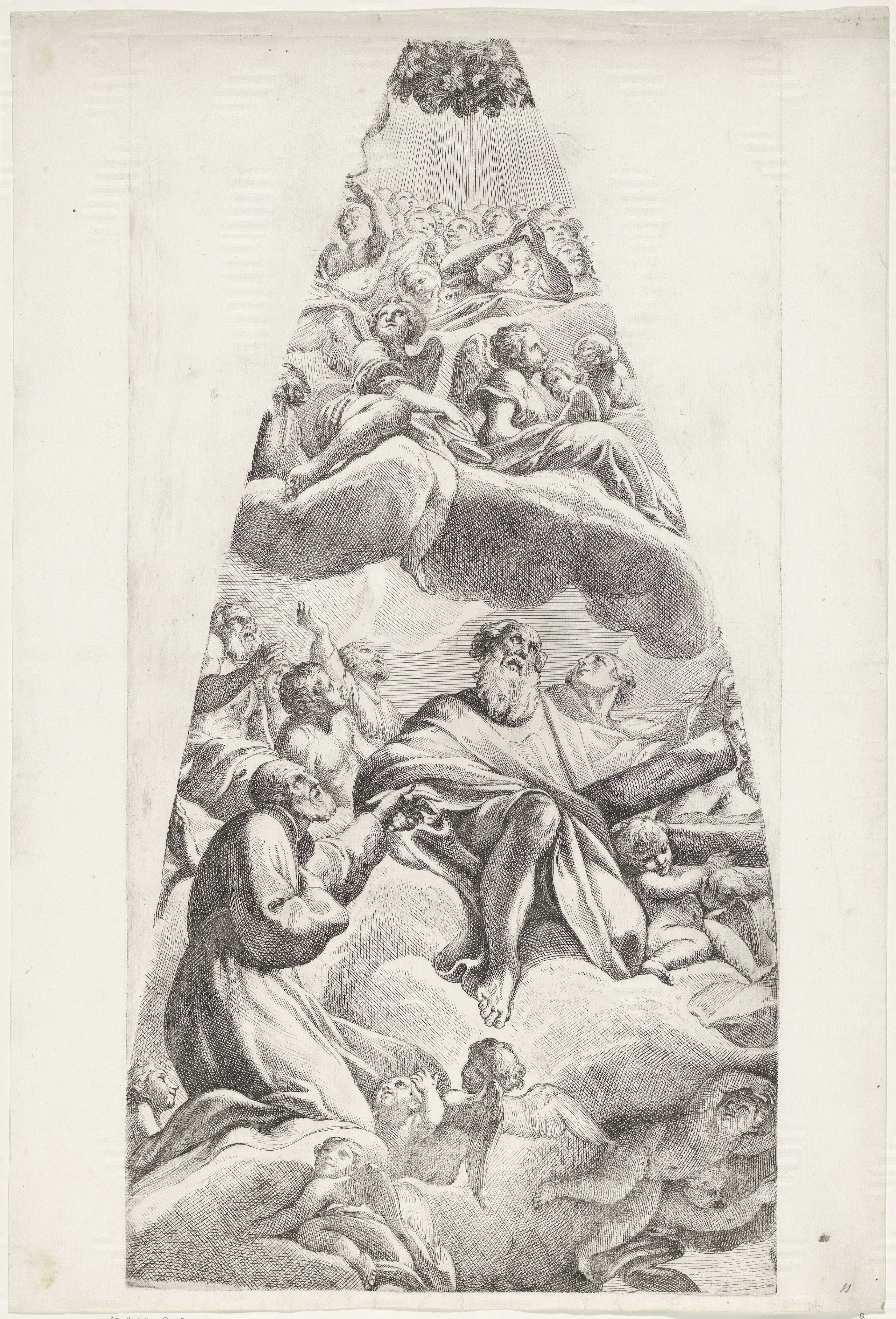De heilige Andreas Avellinus en een geknielde heilige gezeten op een wolk