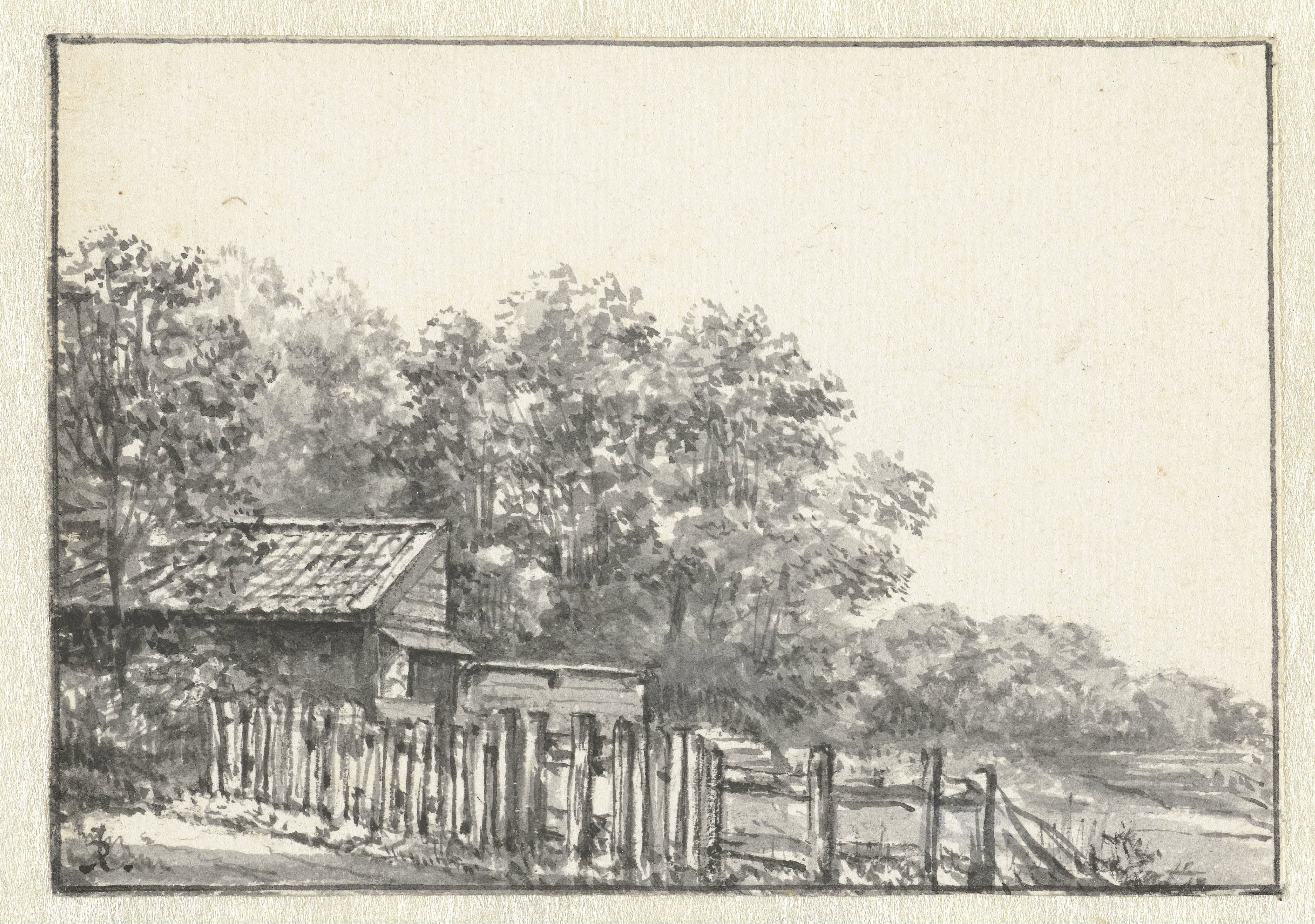 Landschap met schuur en schutting