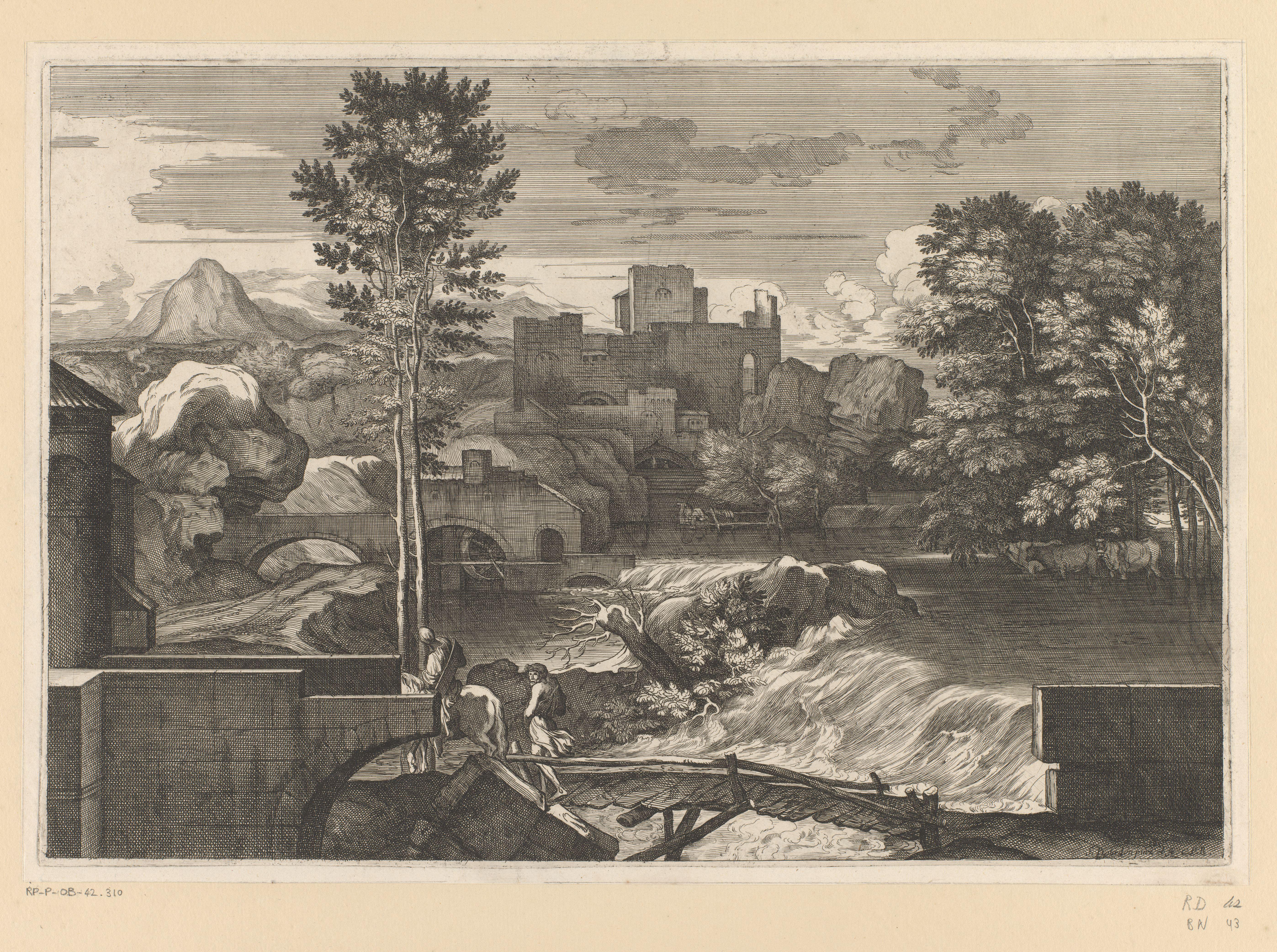 Landschap met gebouwen en twee figuren op een brug
