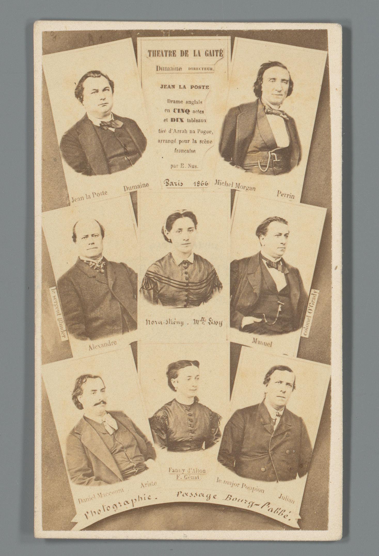 Reclame voor een toneelstuk met een fotoreproductie van acht portretten van acteurs uit Theatre de la Gaité in Parijs