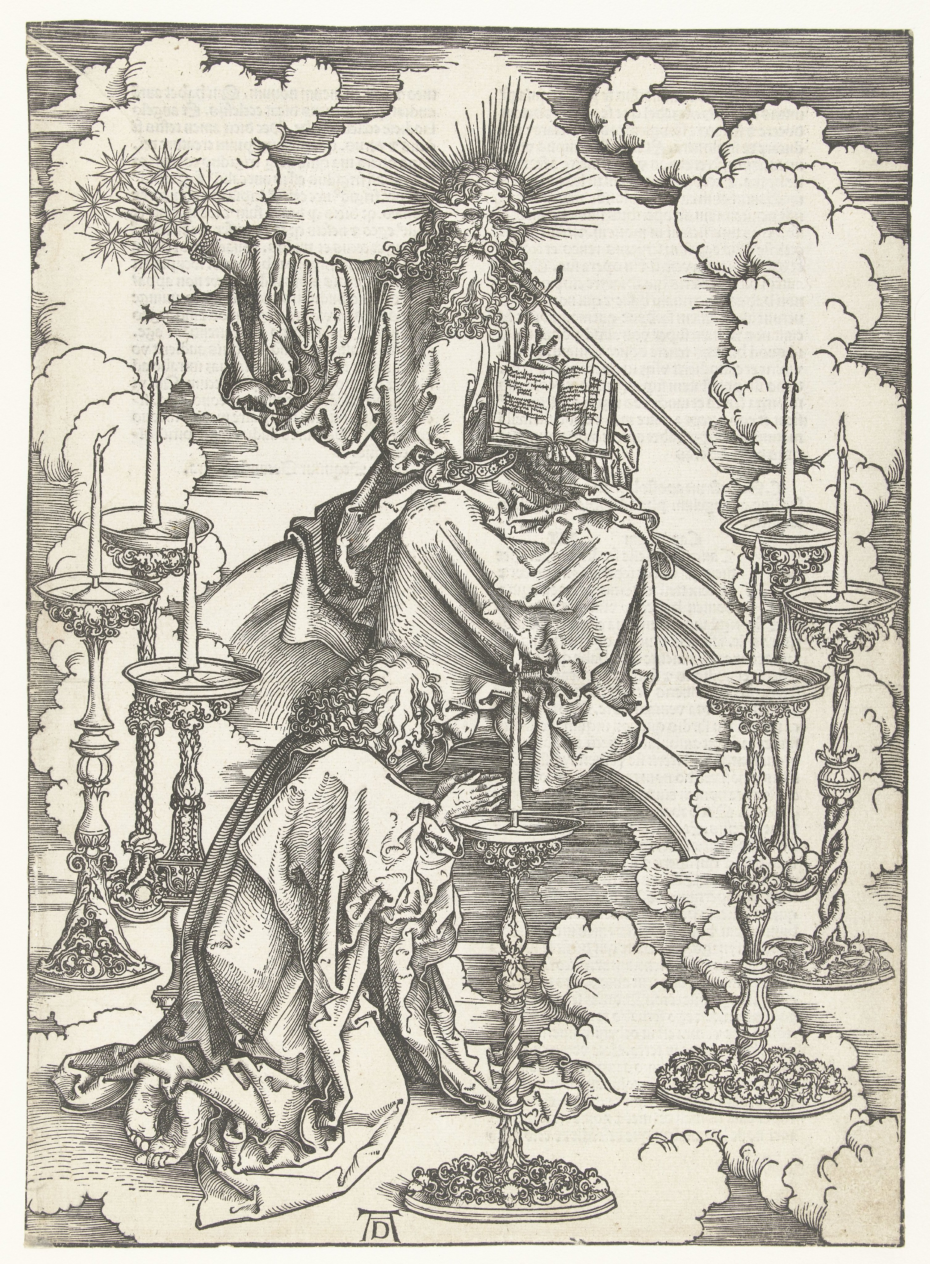 Johannes de Evangelist knielt voor Christus temidden van zeven kandelaars