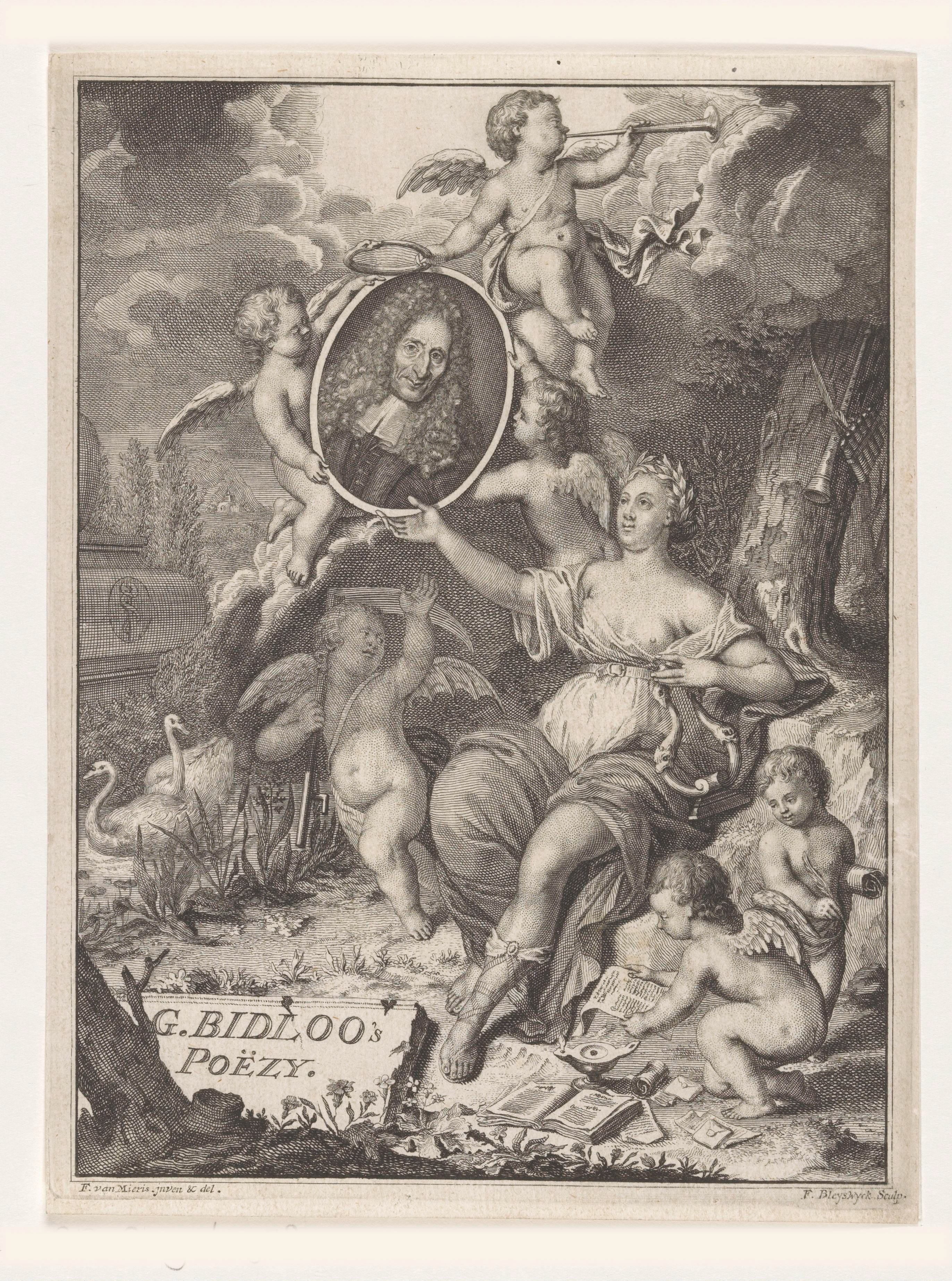 Muze en putti dragen portret van chirurgijn en dichter Govard Bidloo