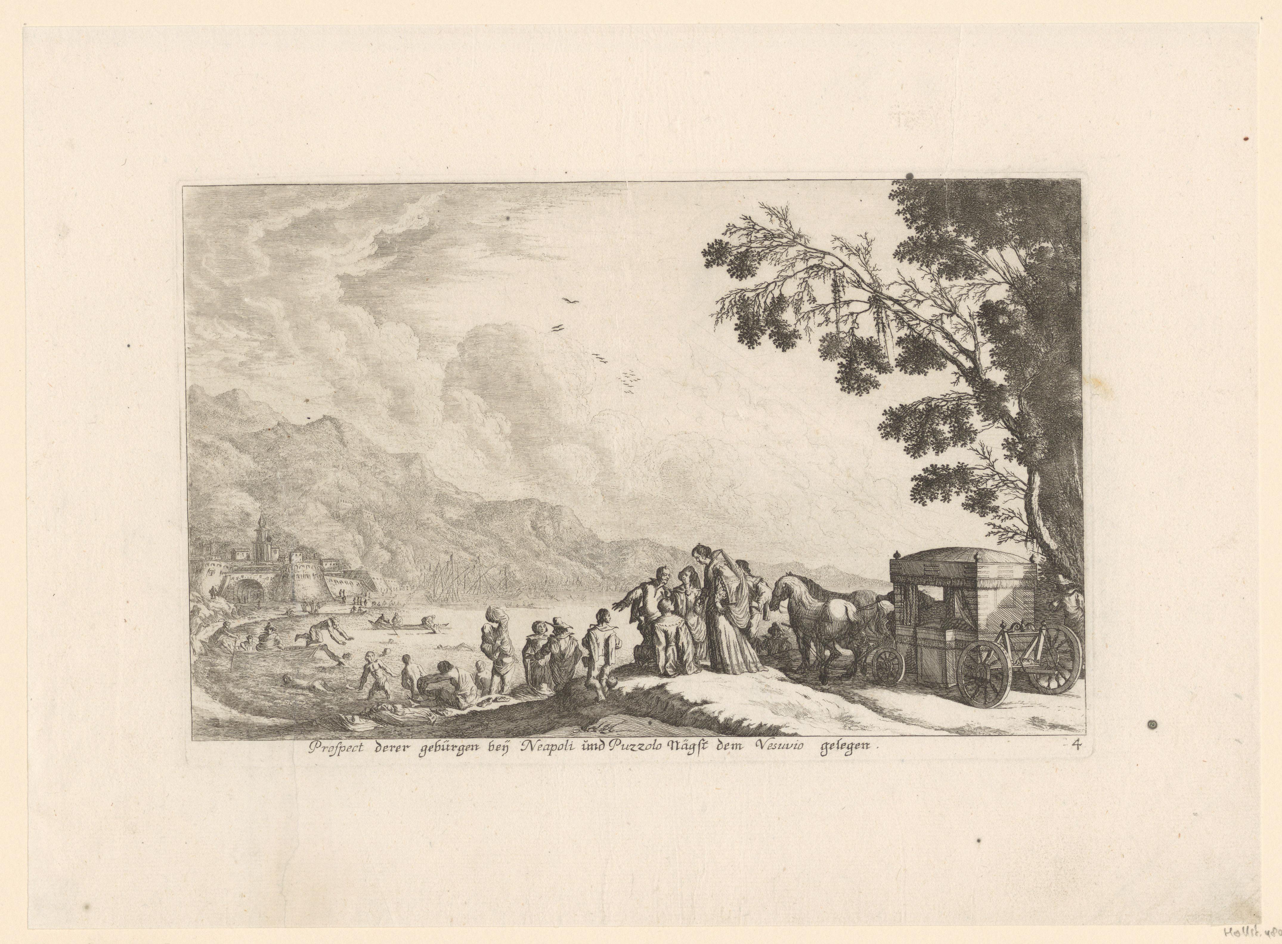 Gezicht op de kust bij Napels en de Vesuvius