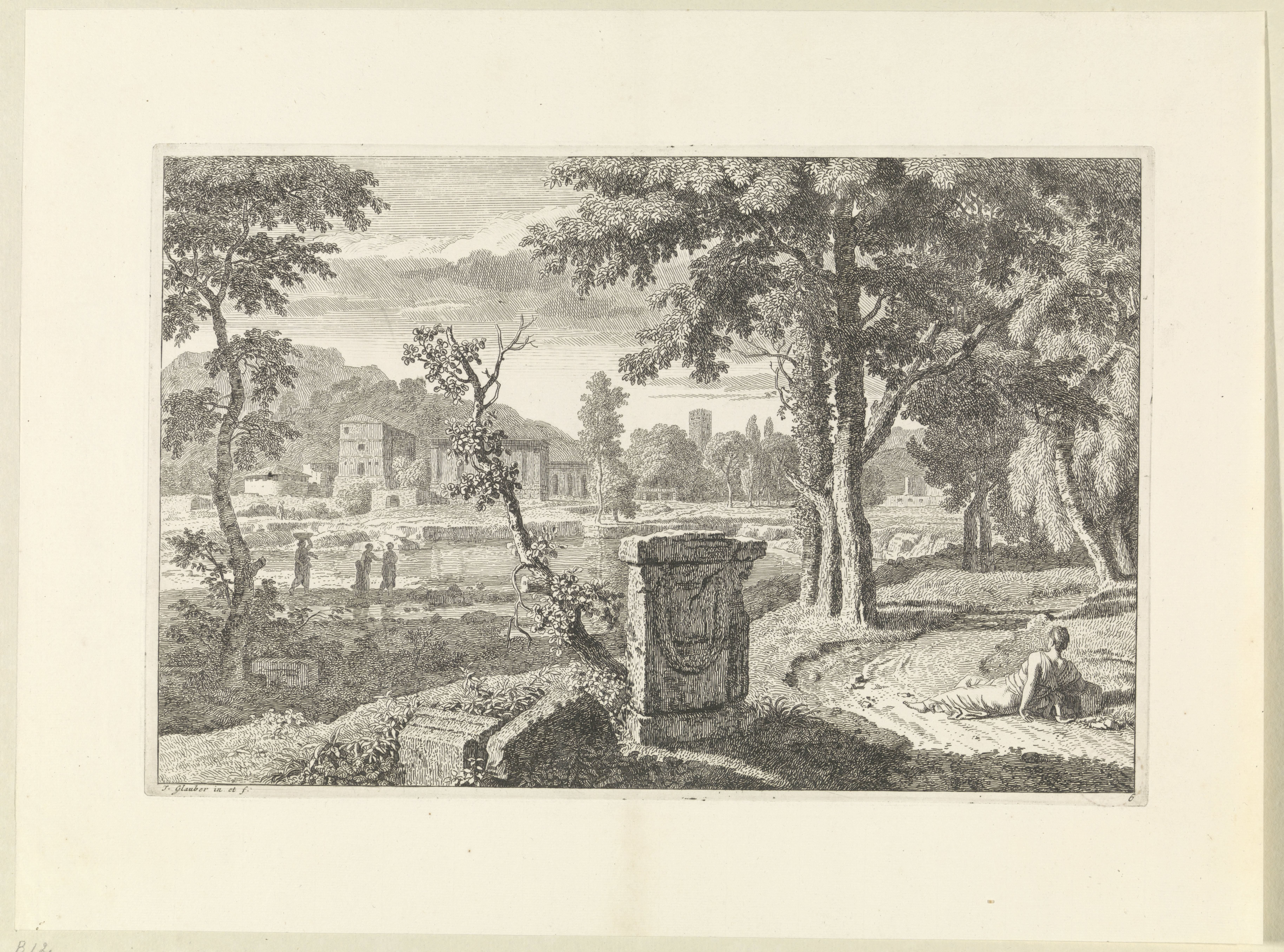 Arcadisch landschap met ruïnes