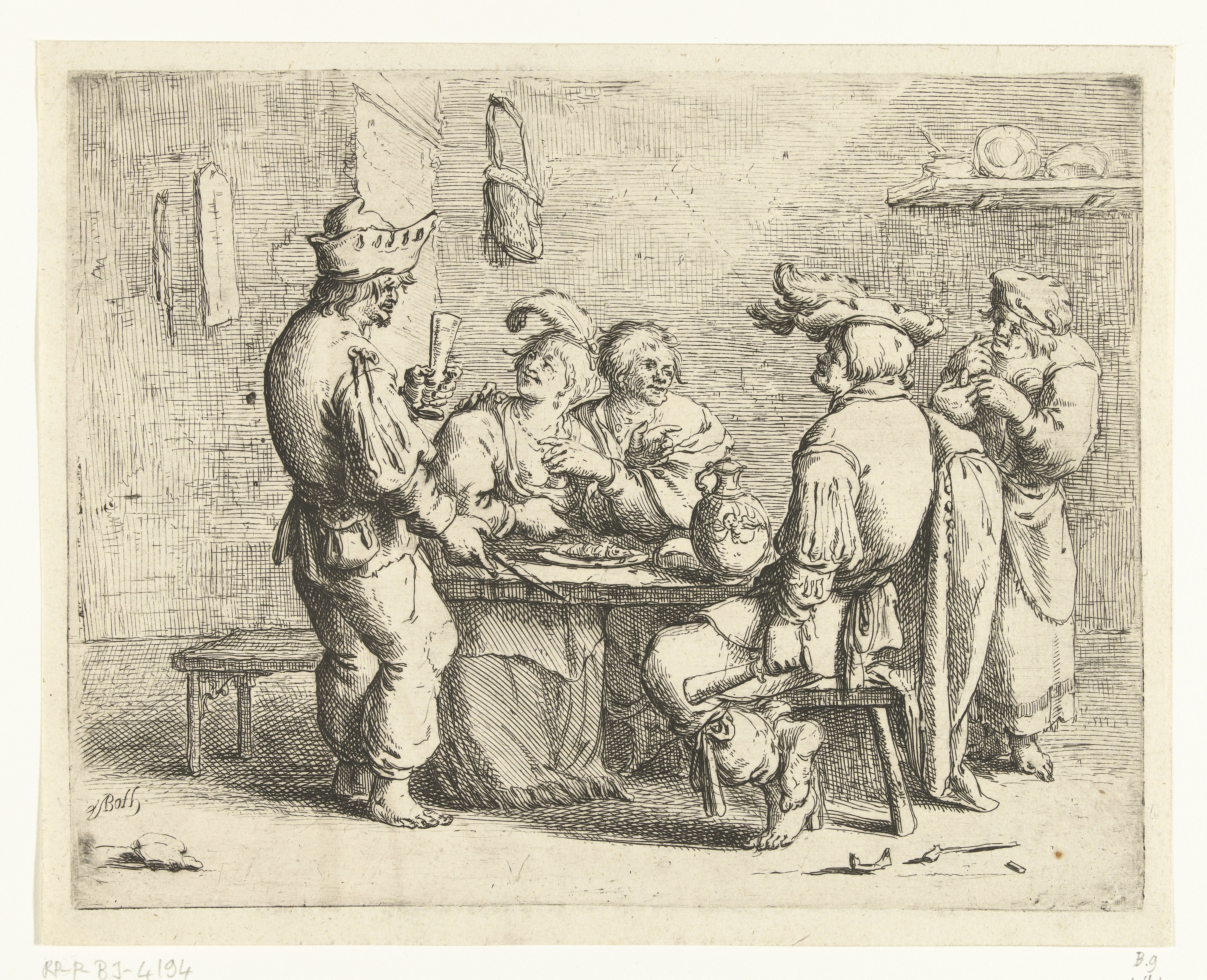 Drie boeren en een vrouw aan een tafel in een bordeel