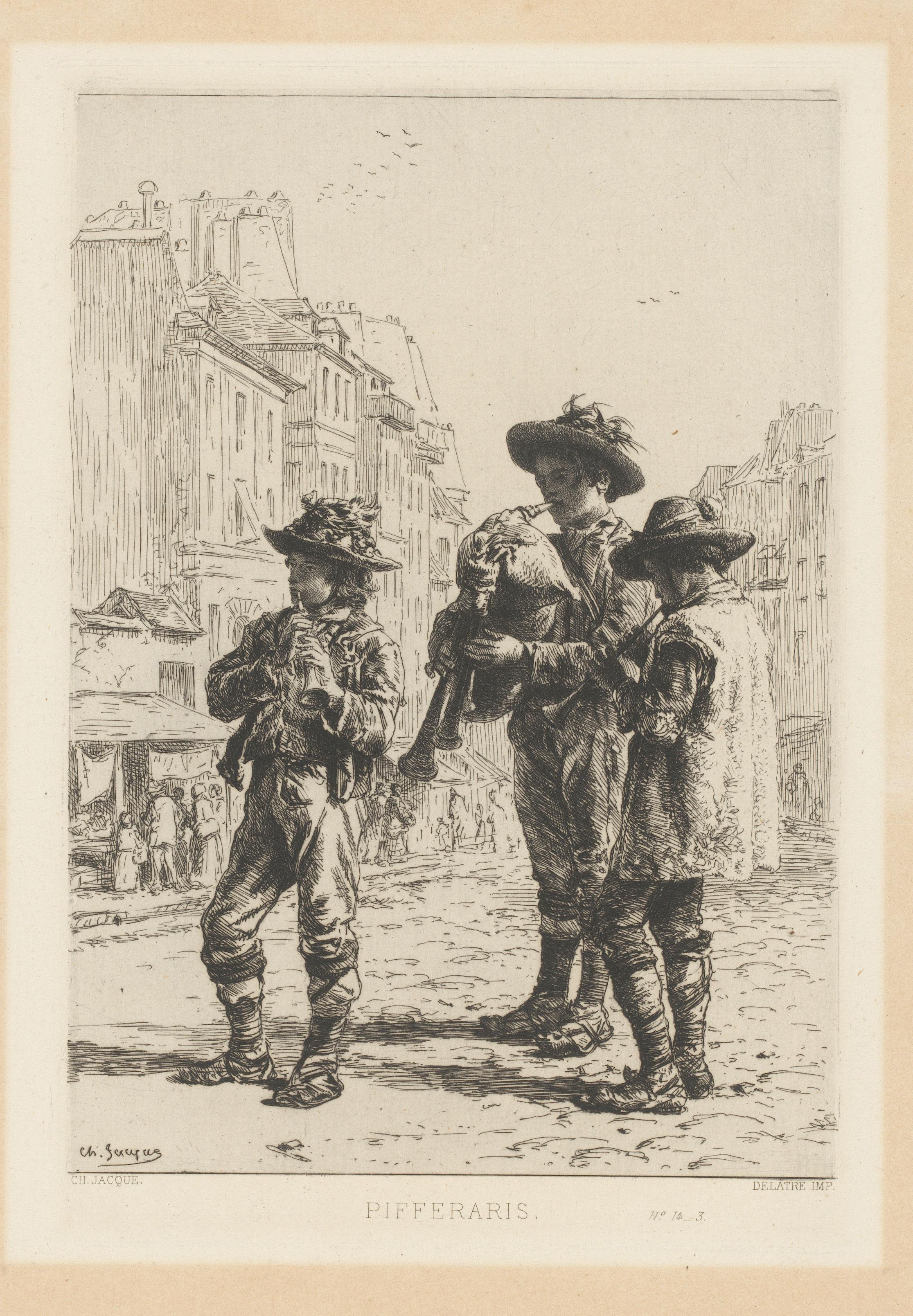 Drie Italiaanse straatmuzikanten (pifferari)