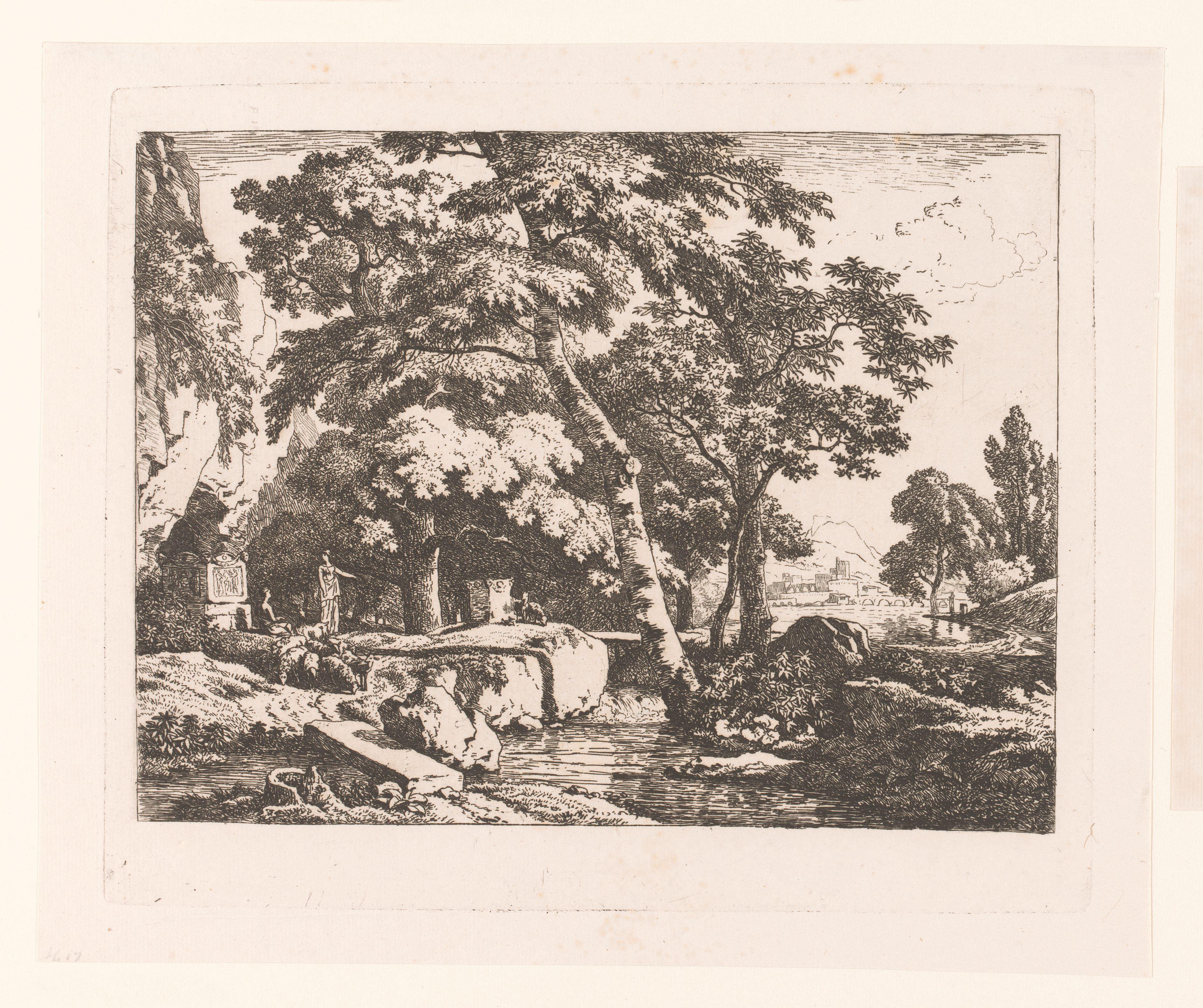 Landschap met twee figuren en een kudde schapen bij een altaar