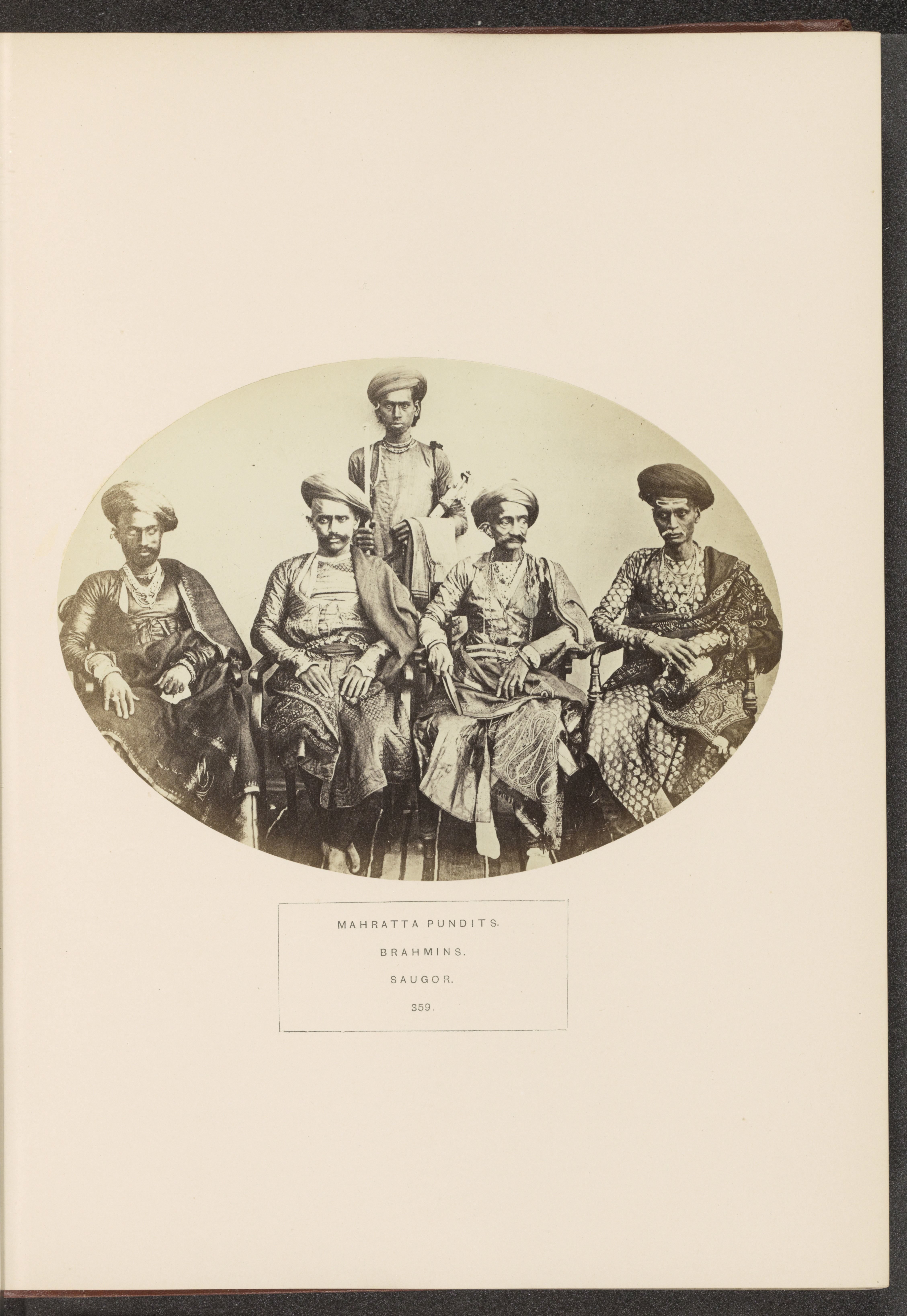 Portrait of four pundits from the Marathi Brahmin community, one of them Rao Krishn Rao, and a servant, Sagar, Madhya Pradesh, India
