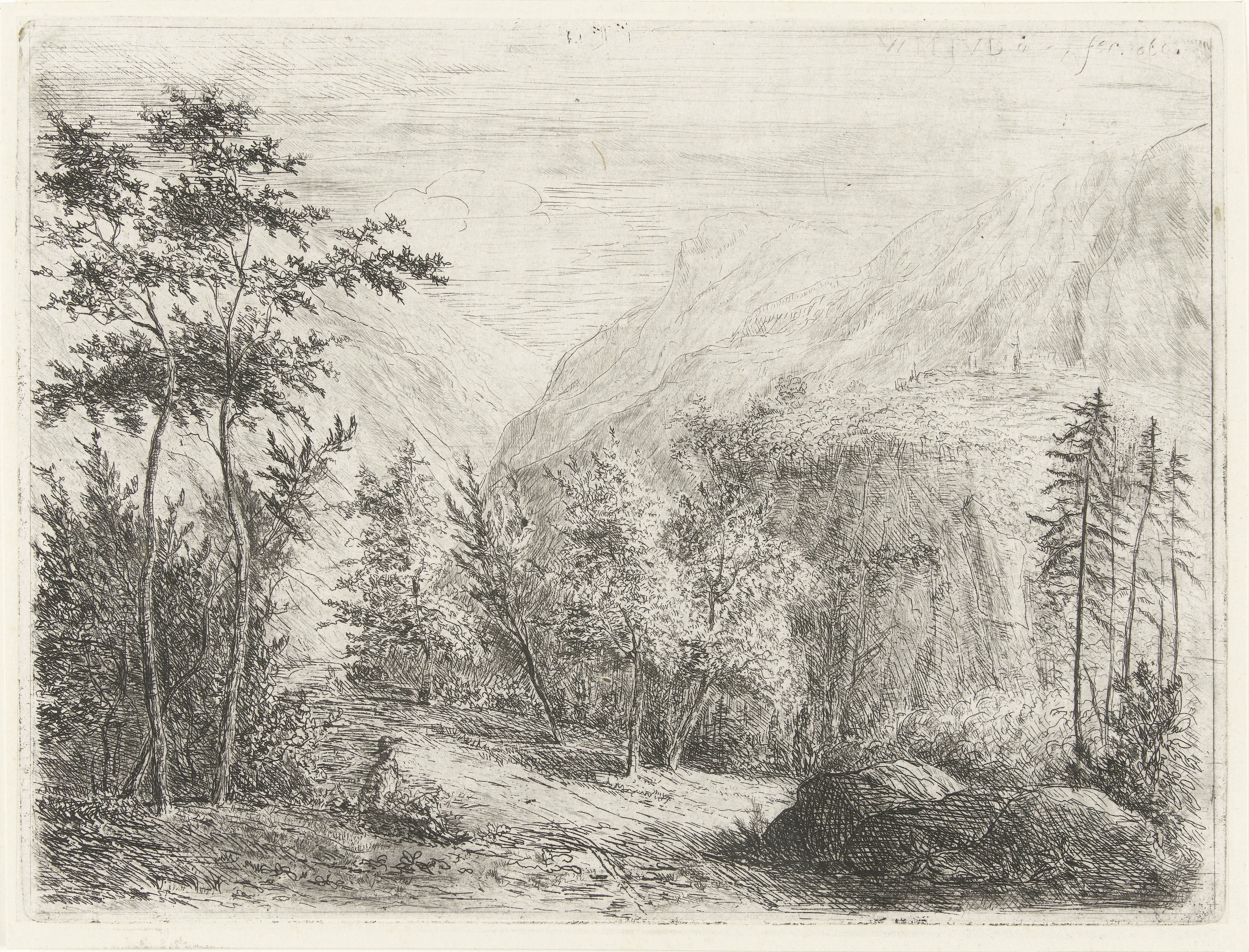 Berglandschap met rustende figuur langs weg