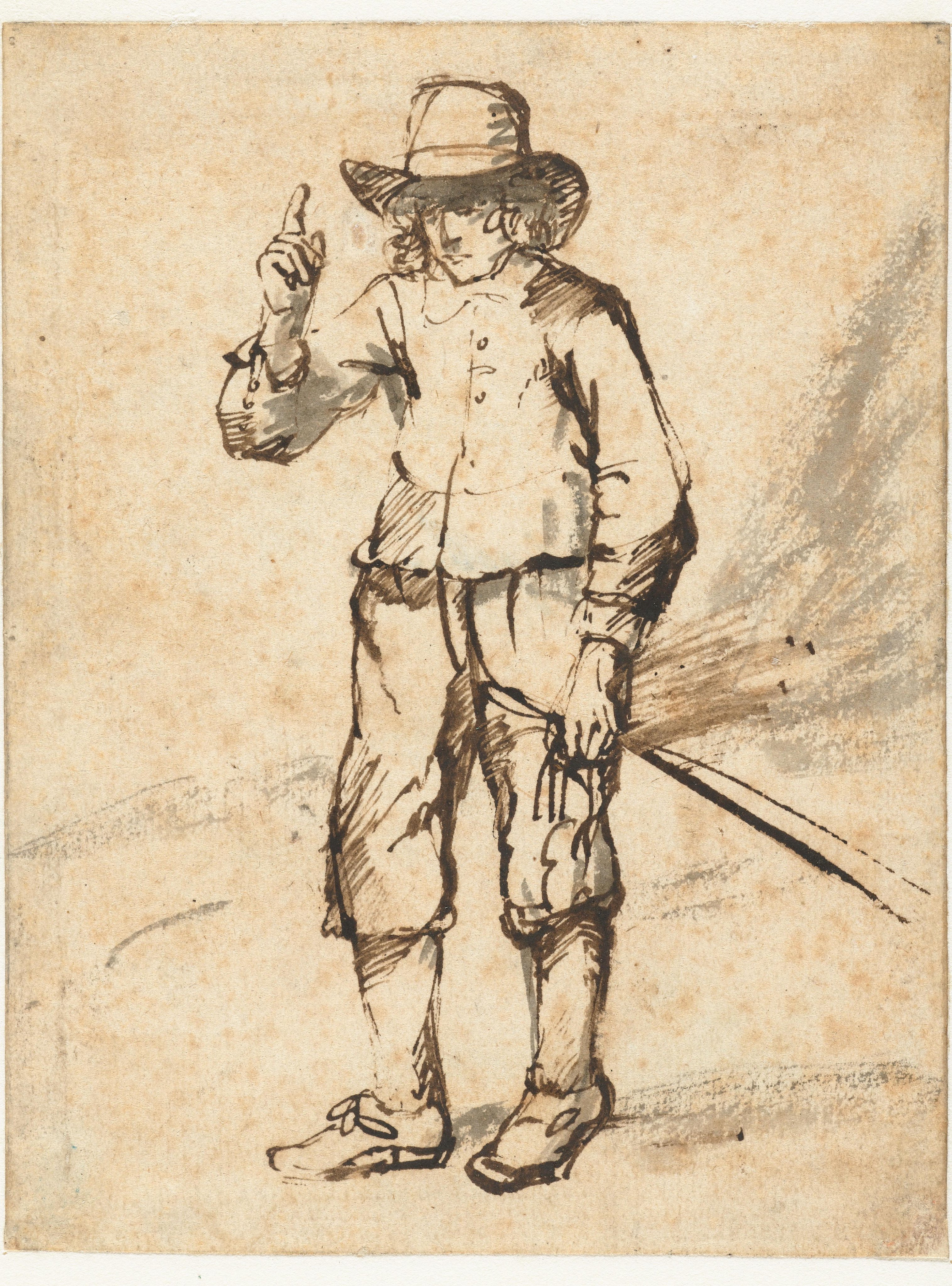 Standing Boy Holding a Whip and Raising his Right Hand