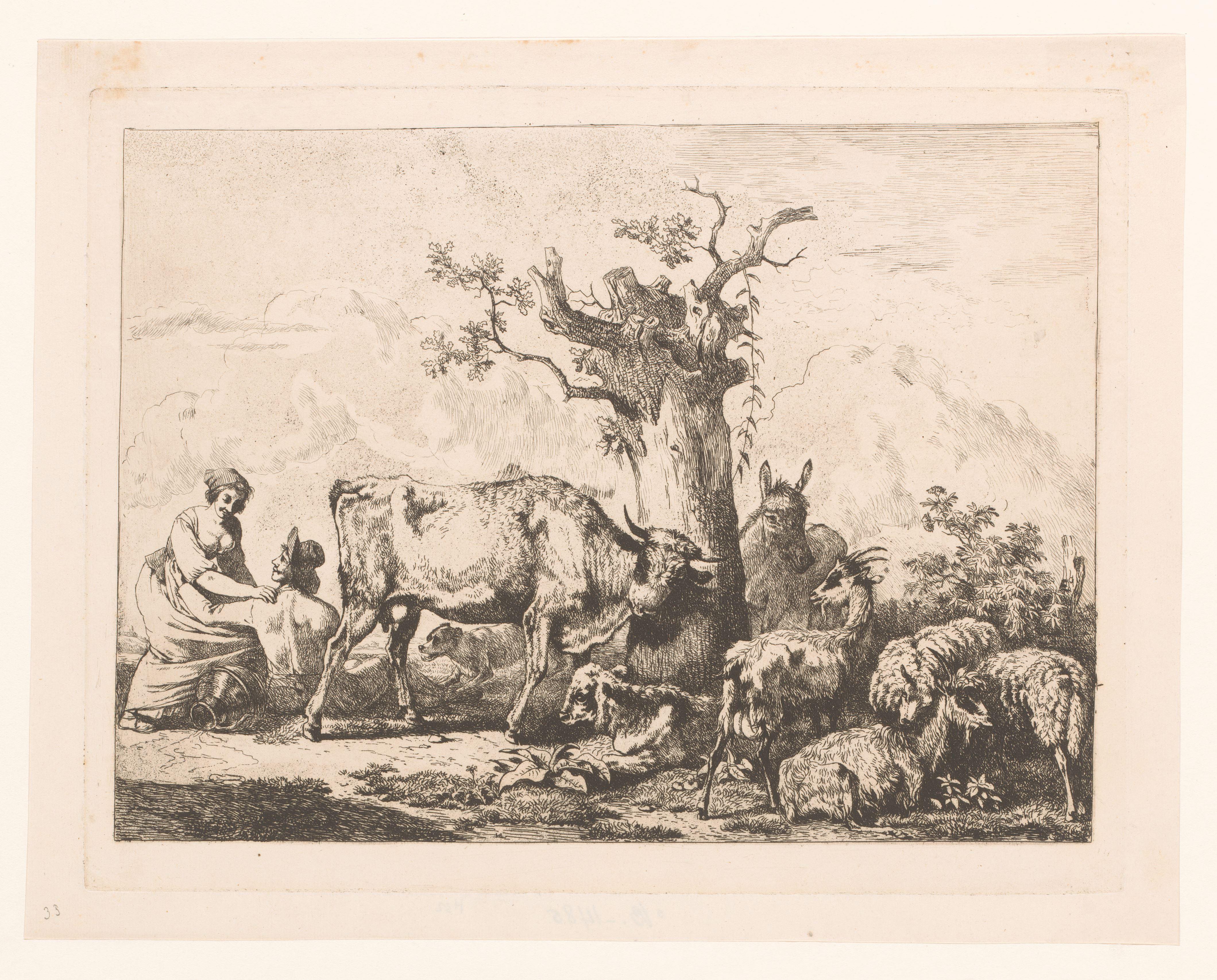 Landschap met vee rondom een boom en een man en vrouw die elkaar omarmen