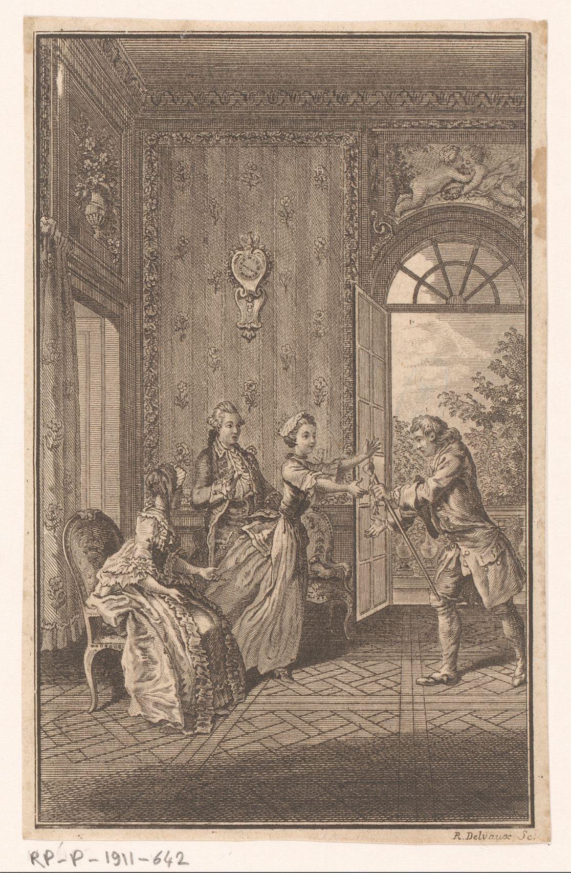 Interieur met een dame die een man begroet