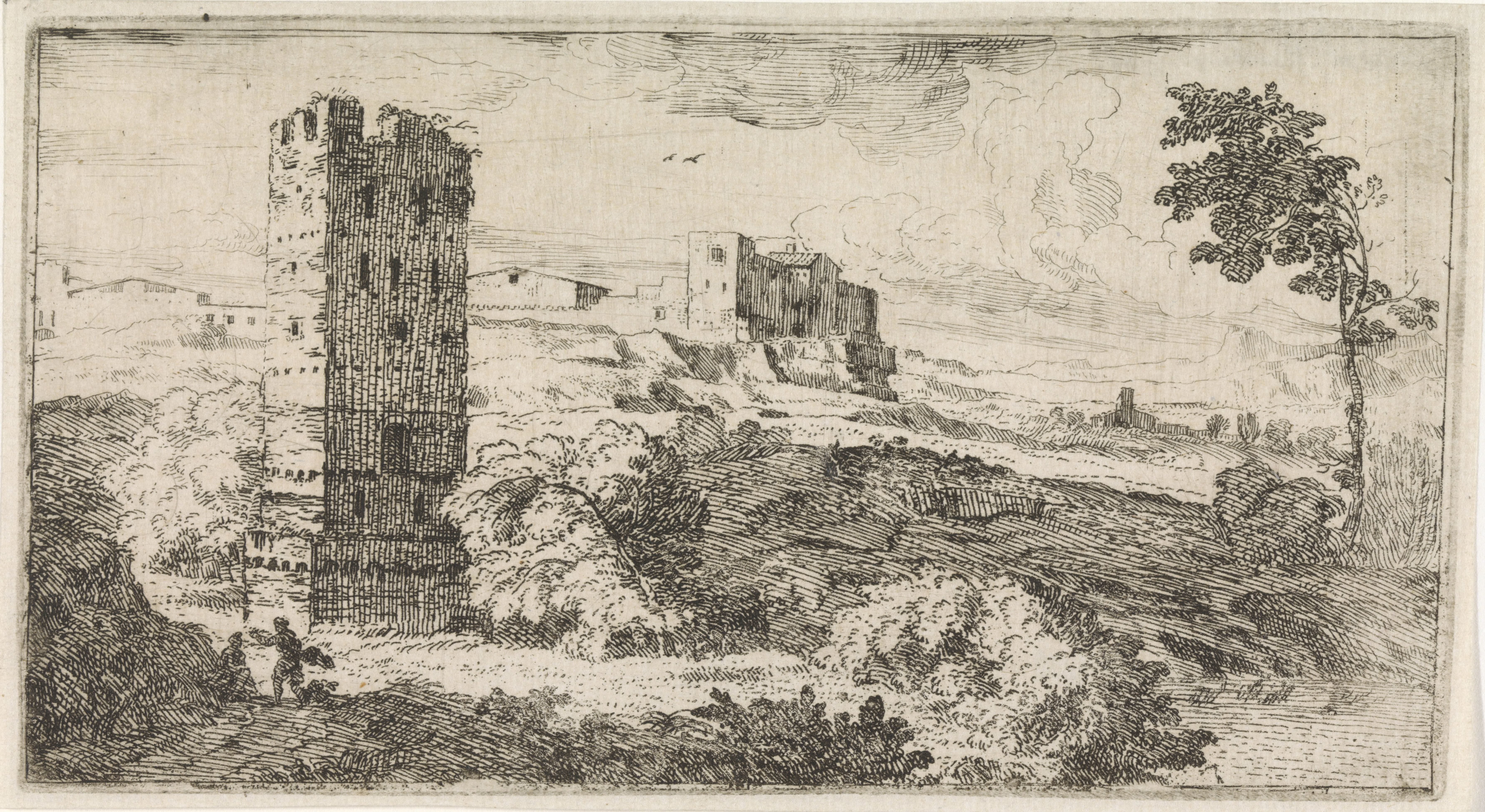 Landschap met vierkante toren