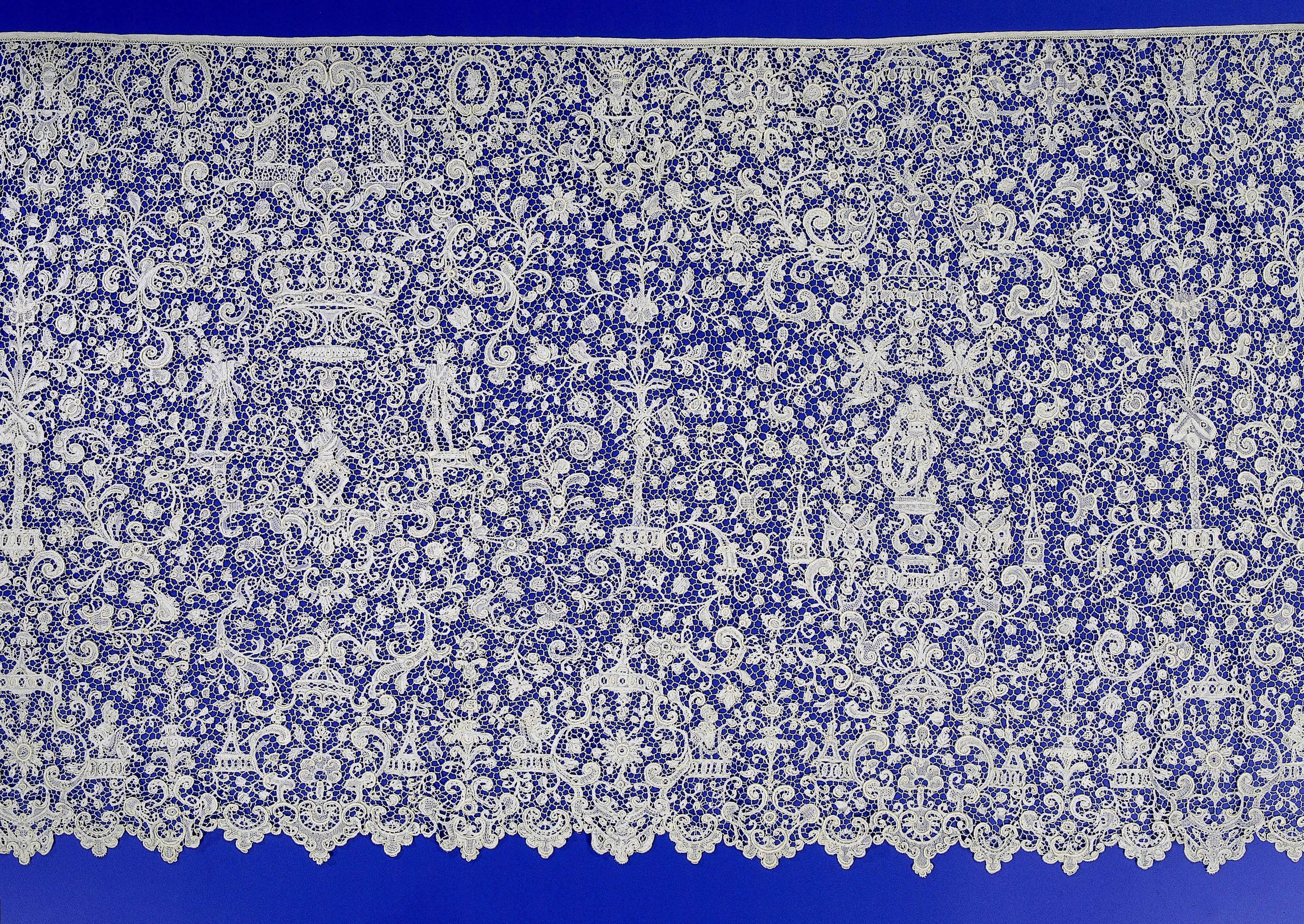 Strip of Needlepoint Lace with a Man Holding a Sceptre Between Two Crowns