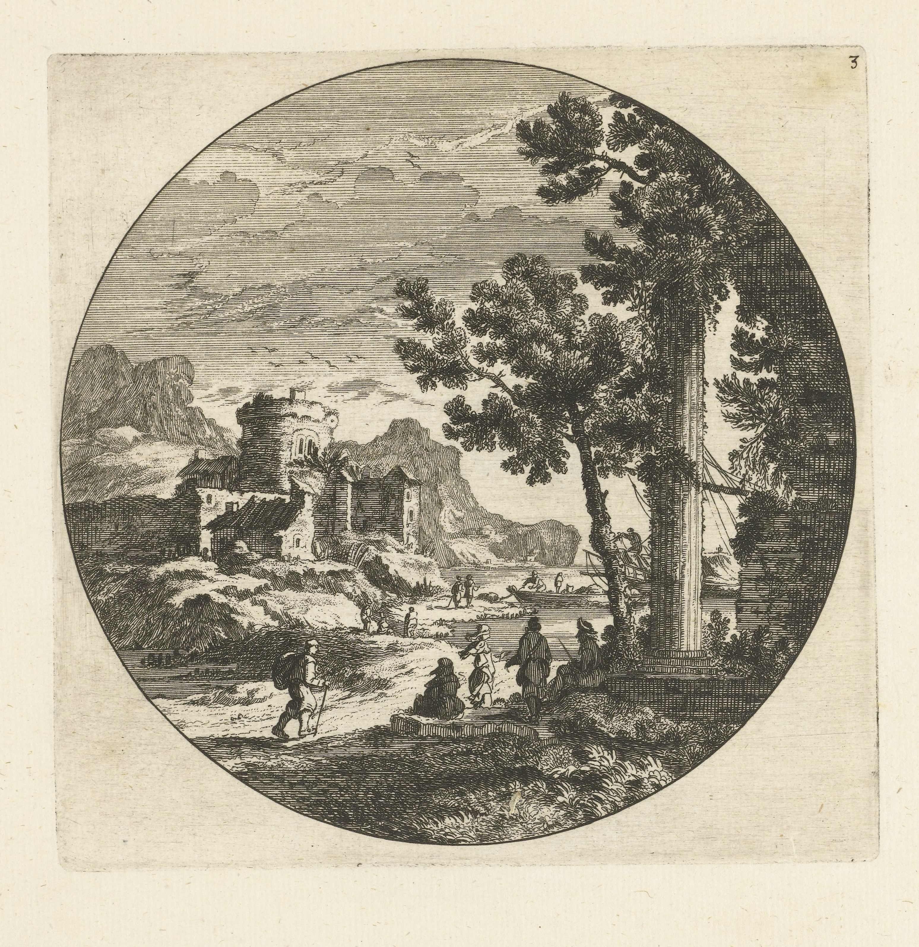 Zuidelijk landschap met figuren bij haven aan rotsachtige kust met rond kader