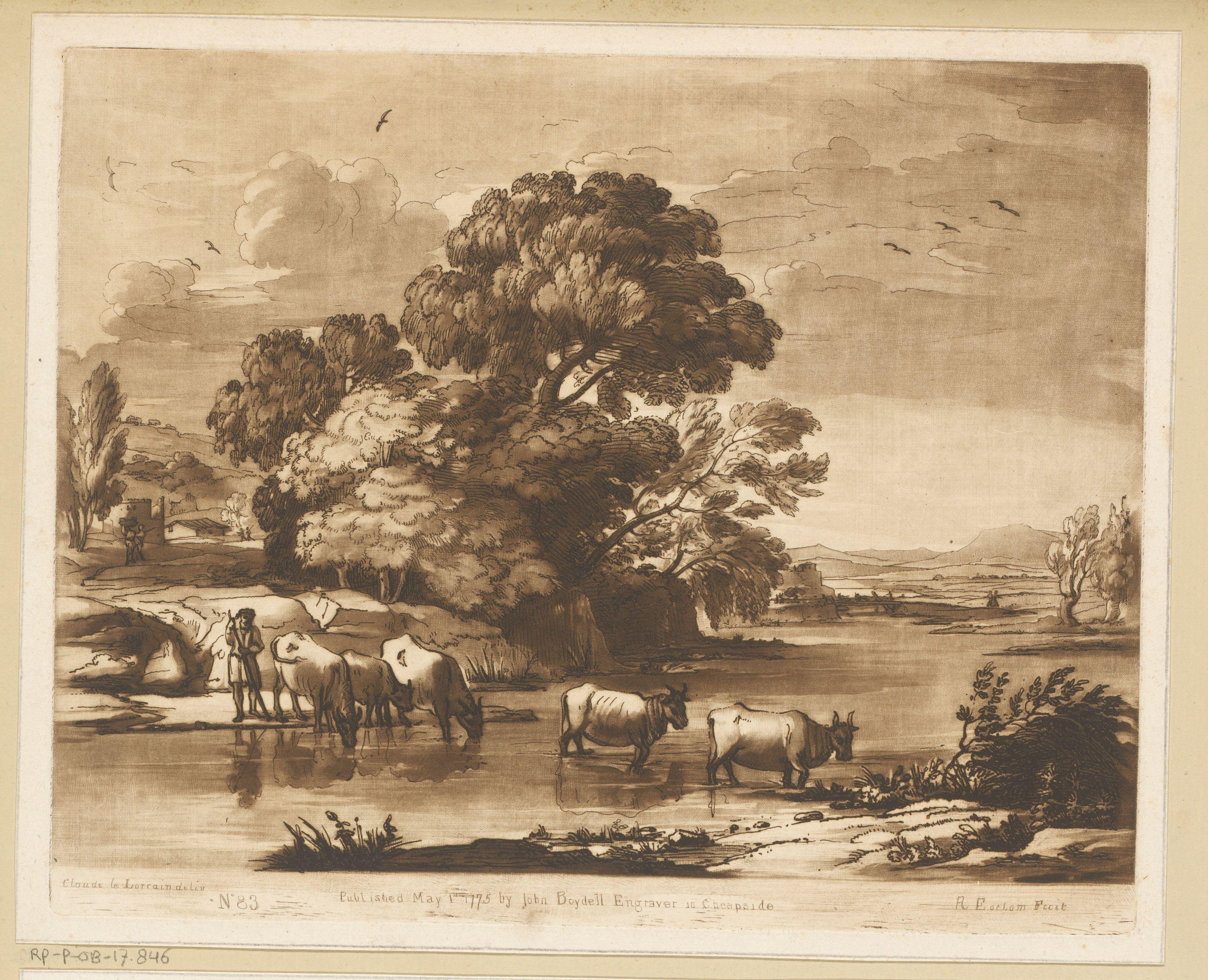 Landschap met vijf koeien en een herder die een rivier oversteken