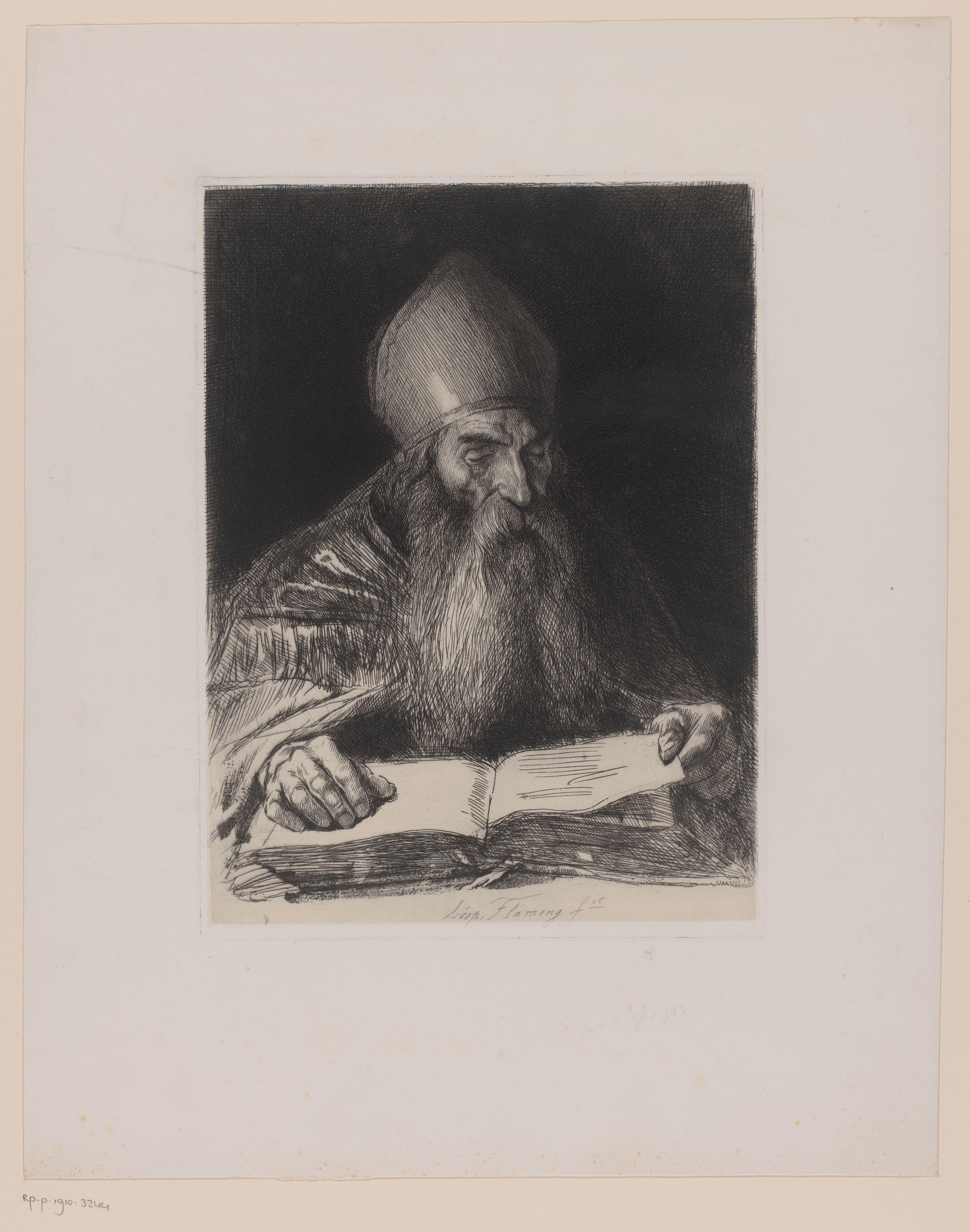 Bebaarde man met een mijter op leest in een boek