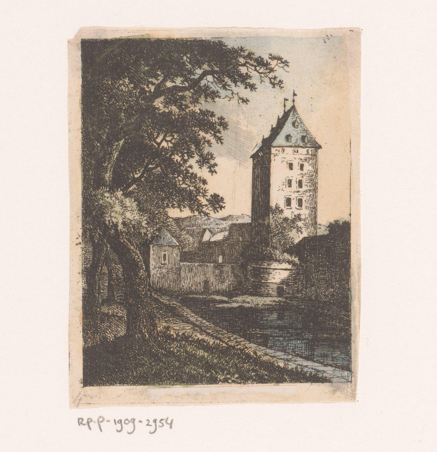 Landschap met bebouwing en toren aan het water