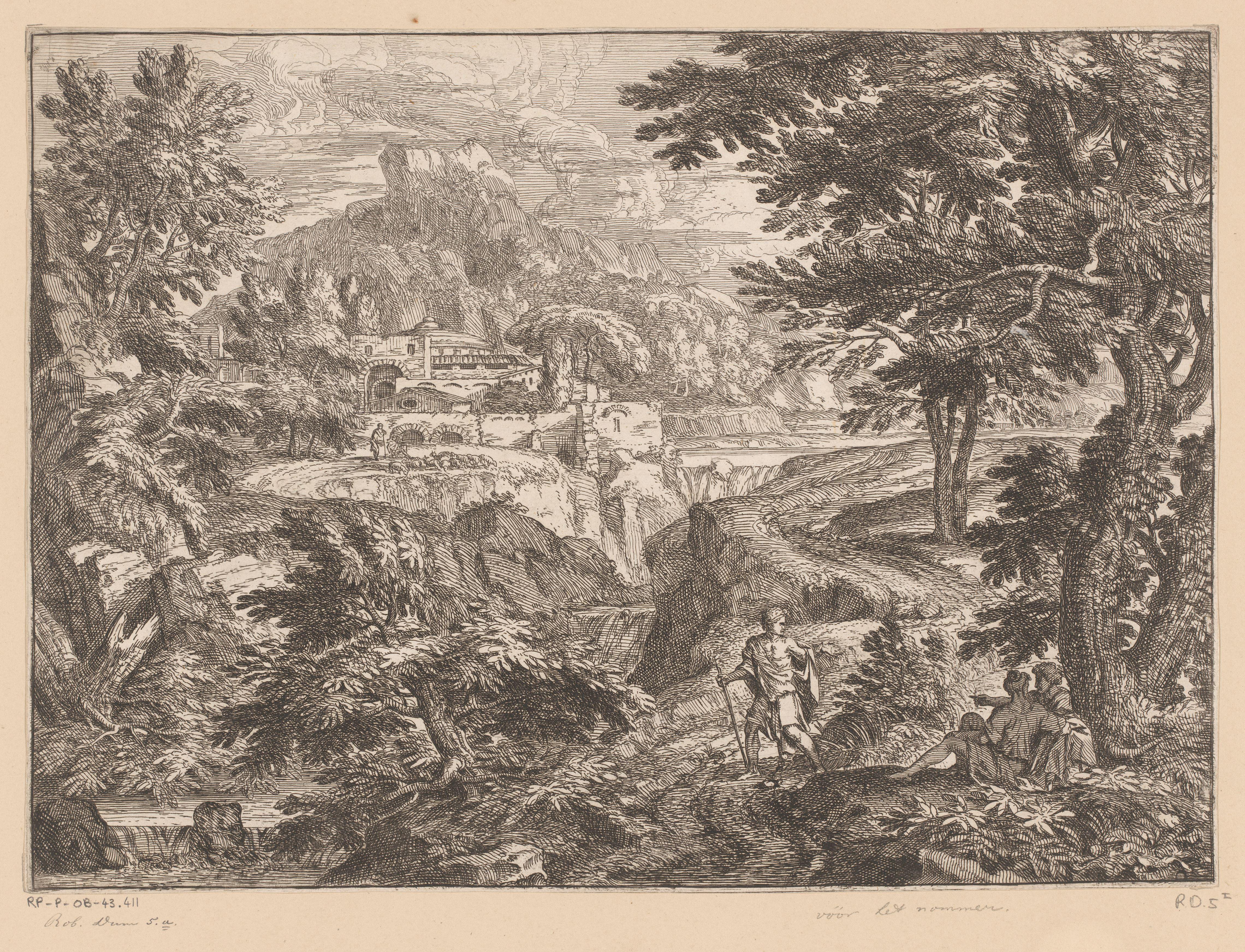 Landschap met een man en vrouw onder een boom gezeten en een staande man op een pad
