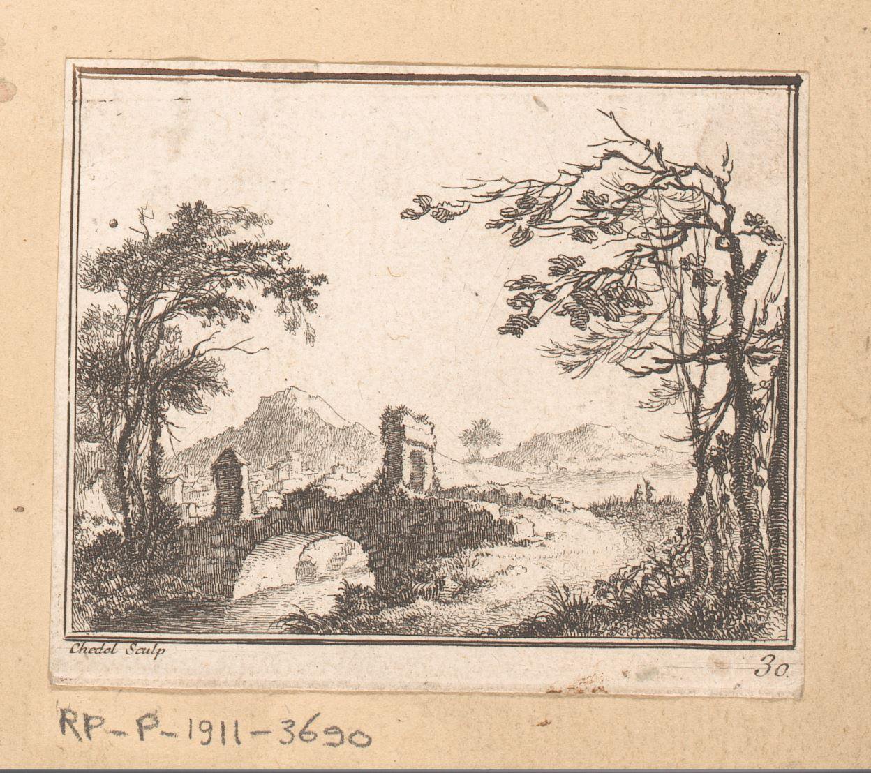 Landschap met een brug waarop een poort