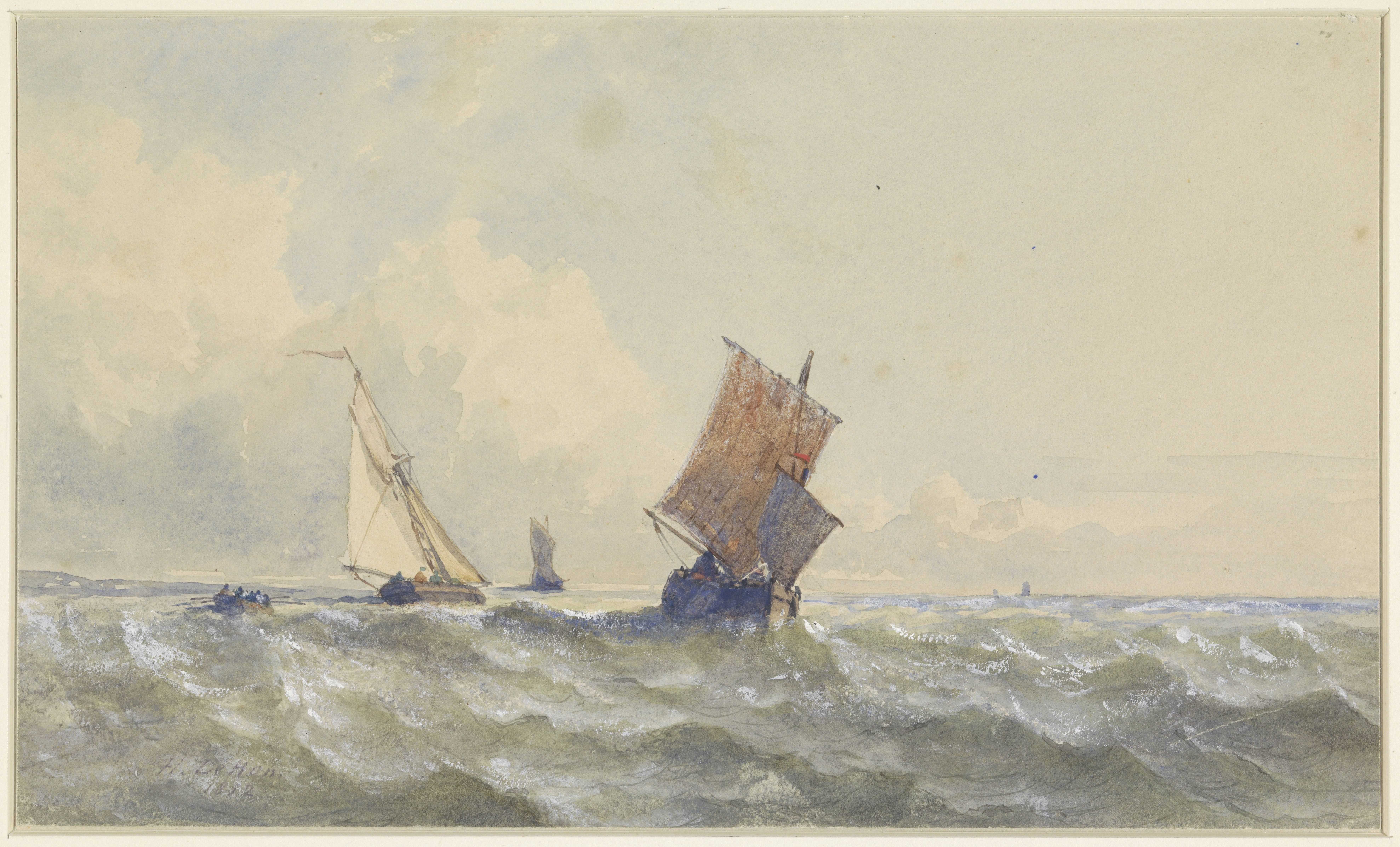 Gezicht op volle zee, waarop drie zeilschepen