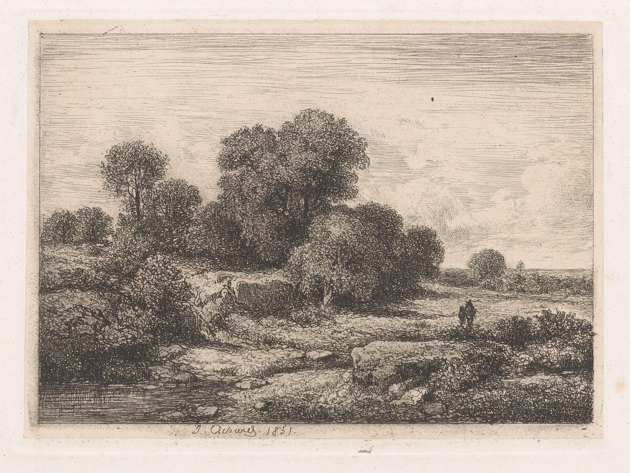 Figuren bij een rivierbedding met bomen