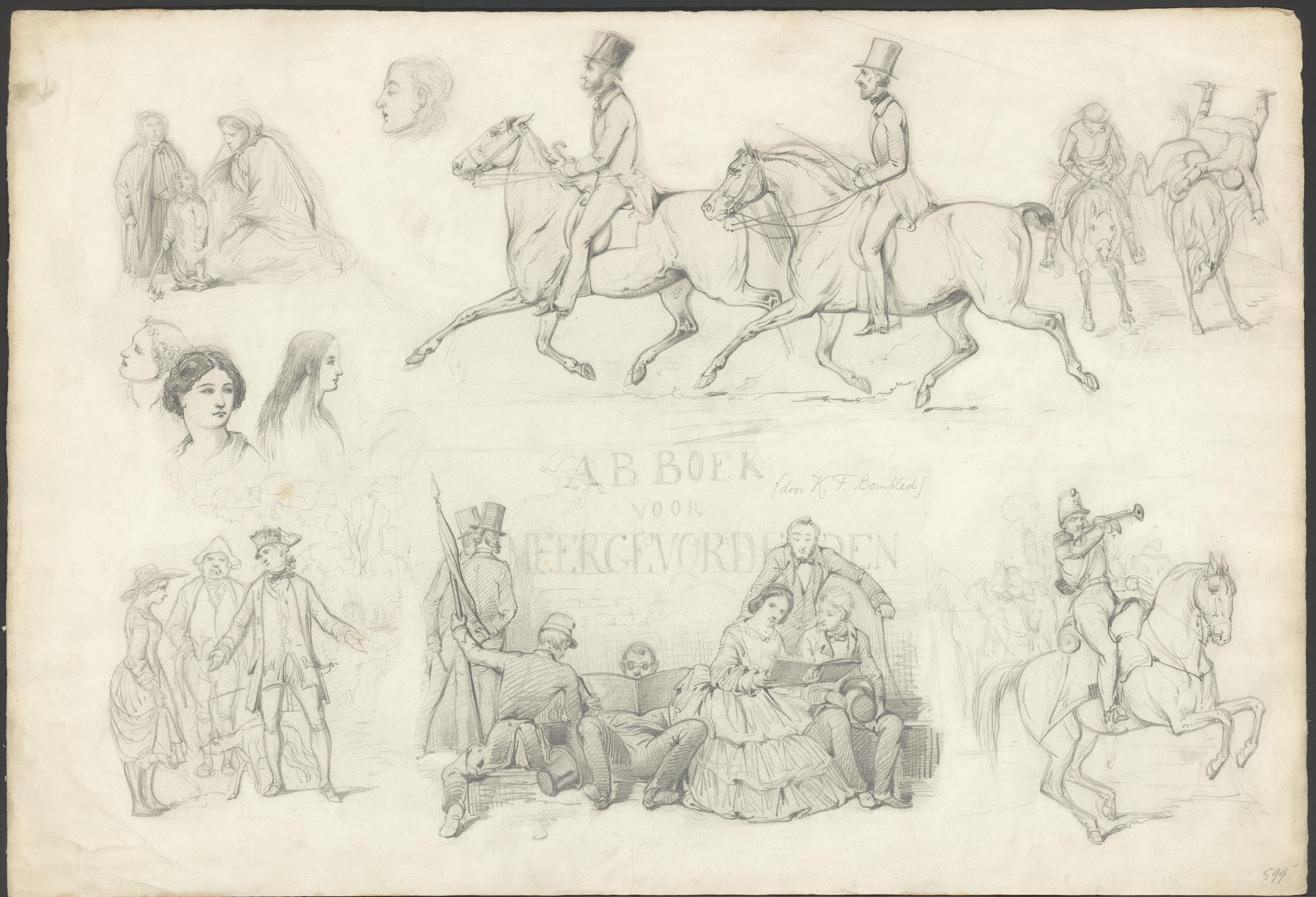 Schetsblad met uiteenlopende studies van mensen en paarden