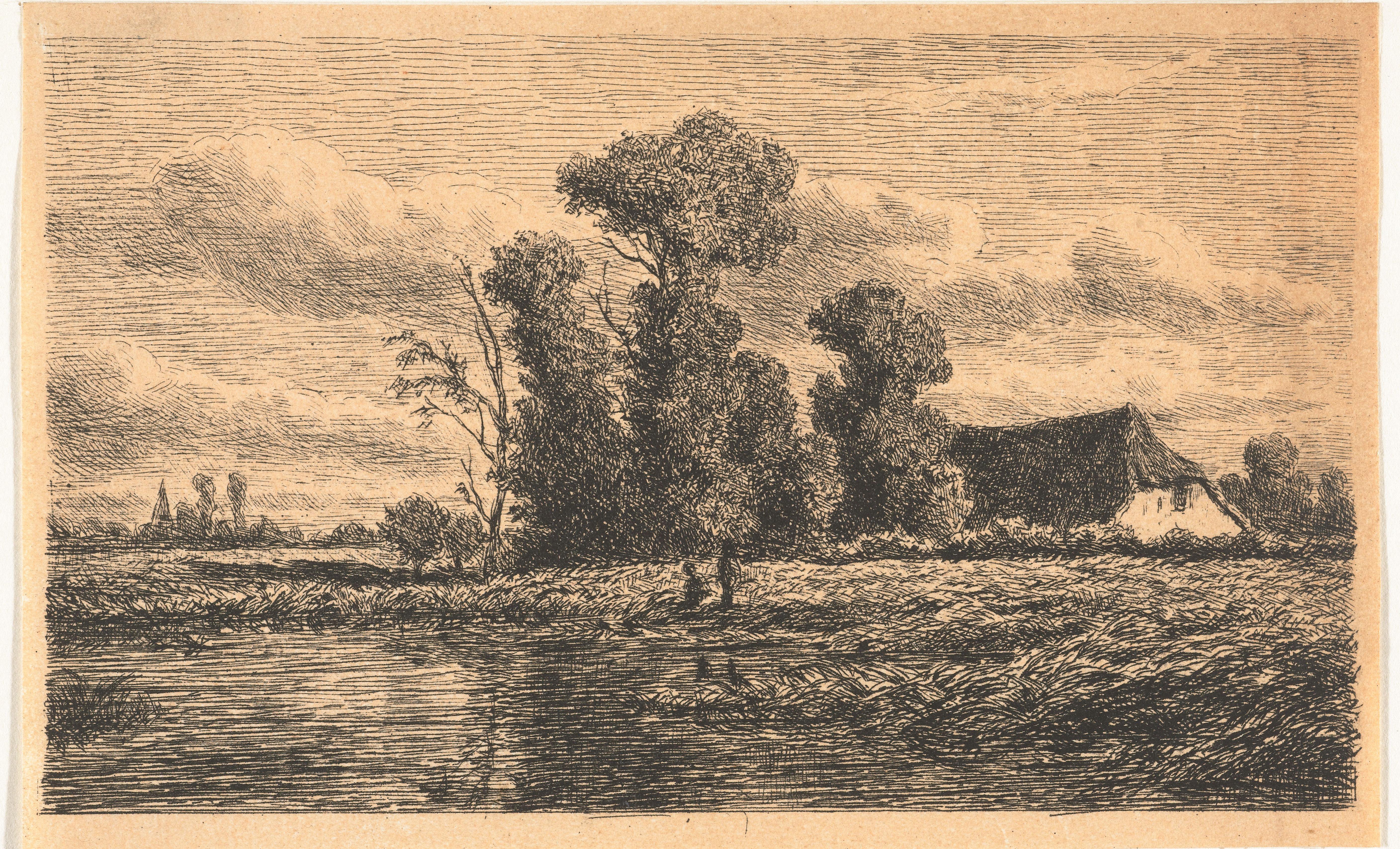 Landschap met sloot en boerderij