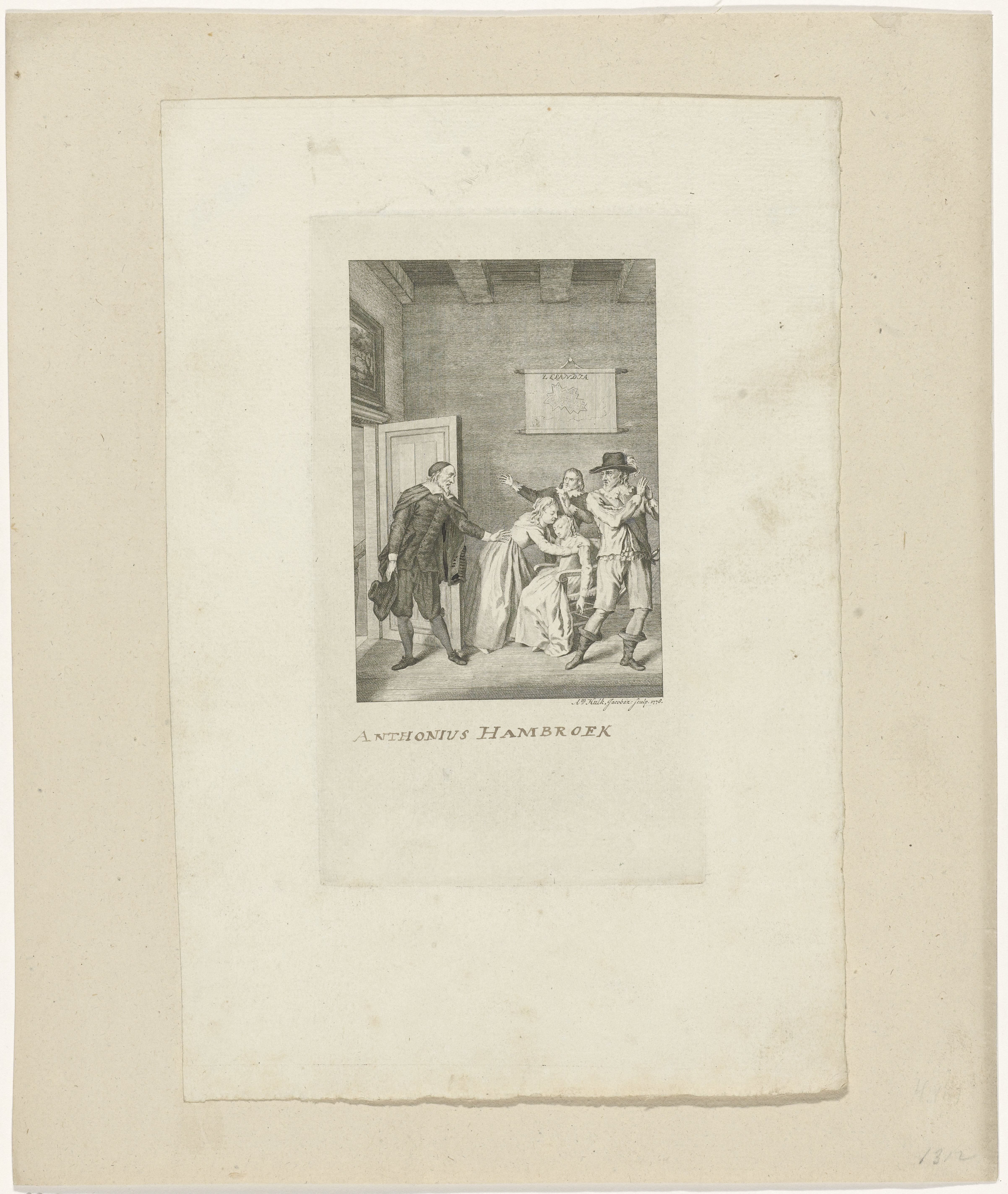 Interieur met figuren rond flauwgevallen vrouw
