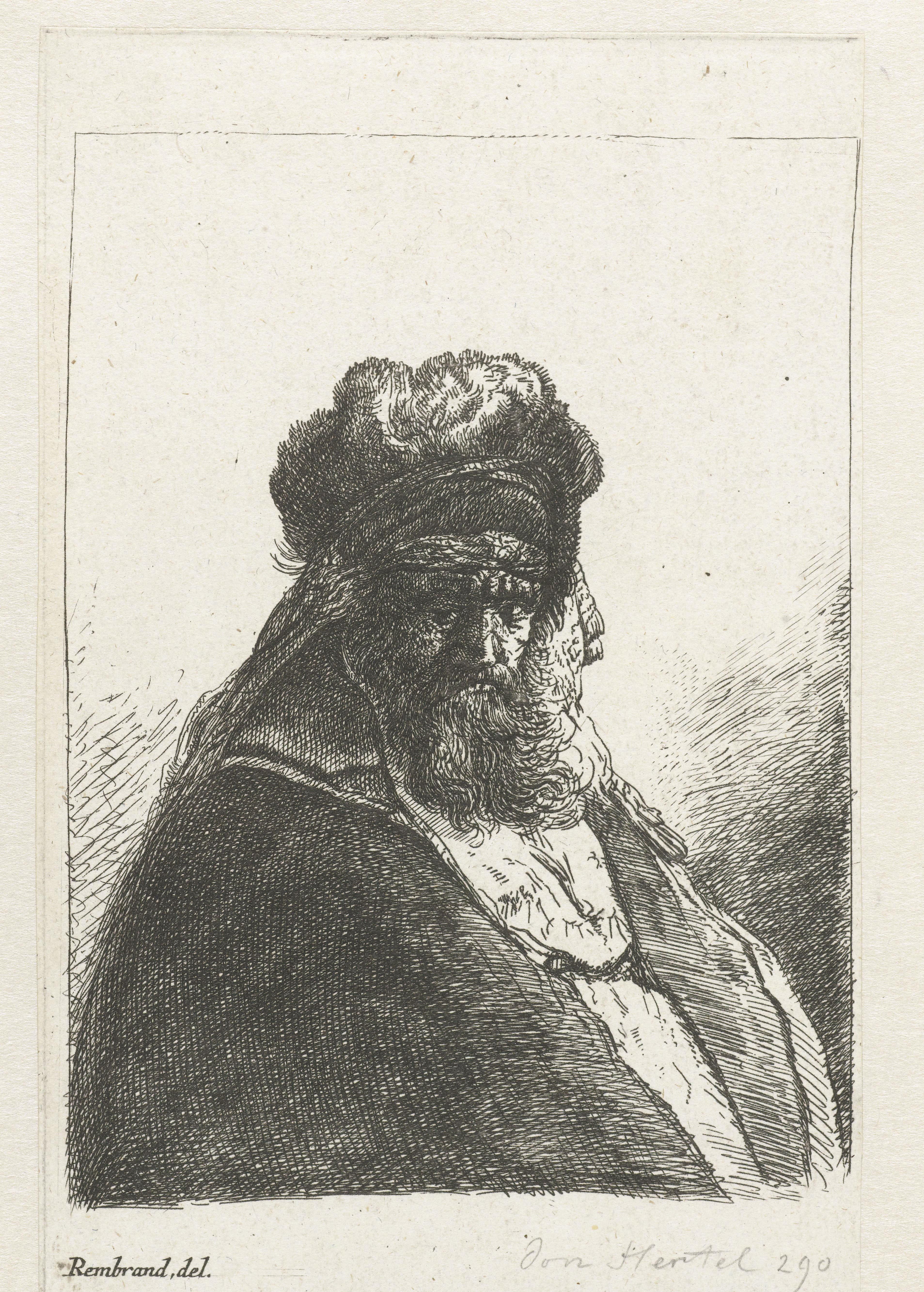 Bearded old man in a high fur cap, with eyes closed