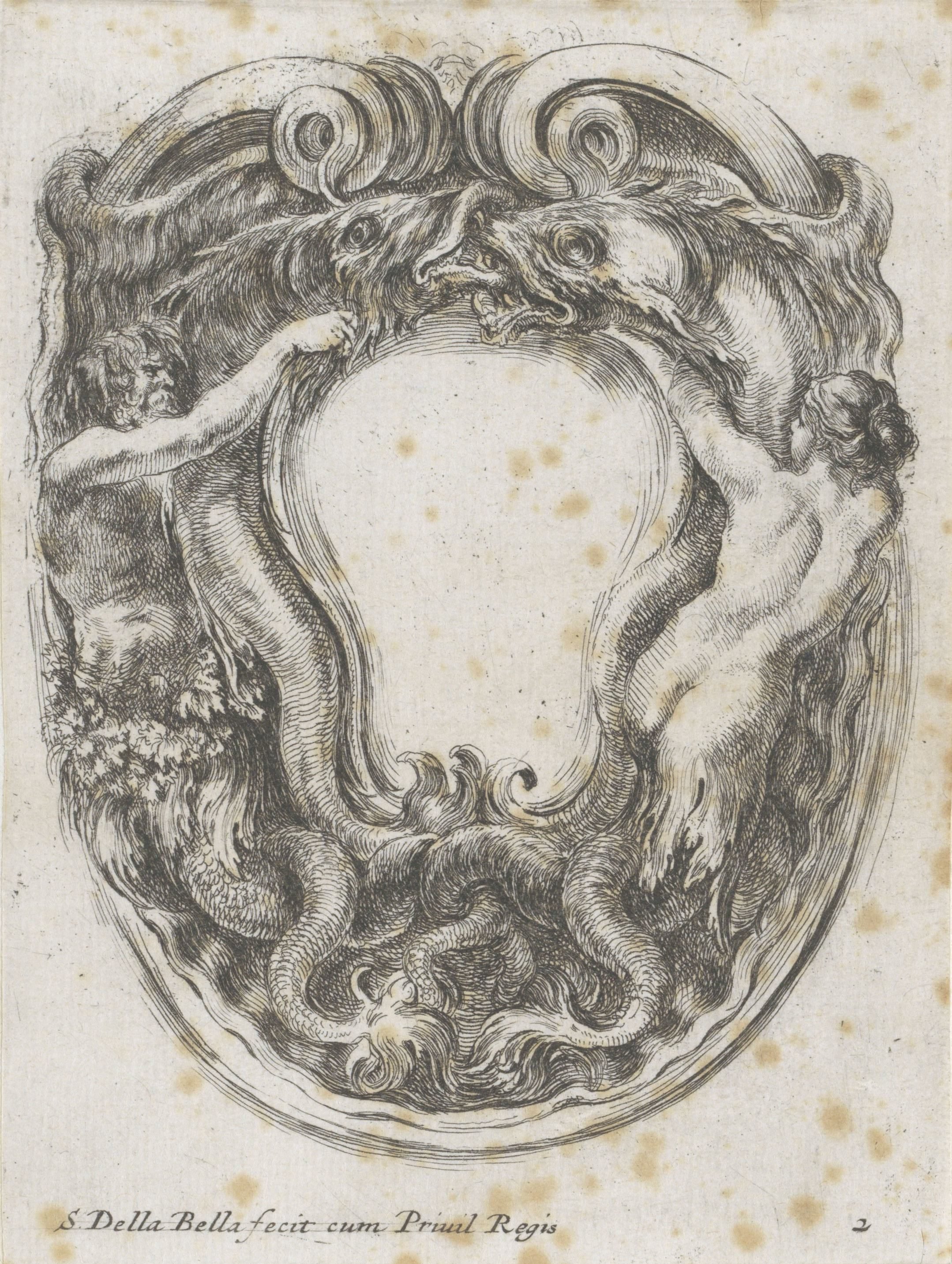 Cartouche met twee vissen, een triton en een sirene