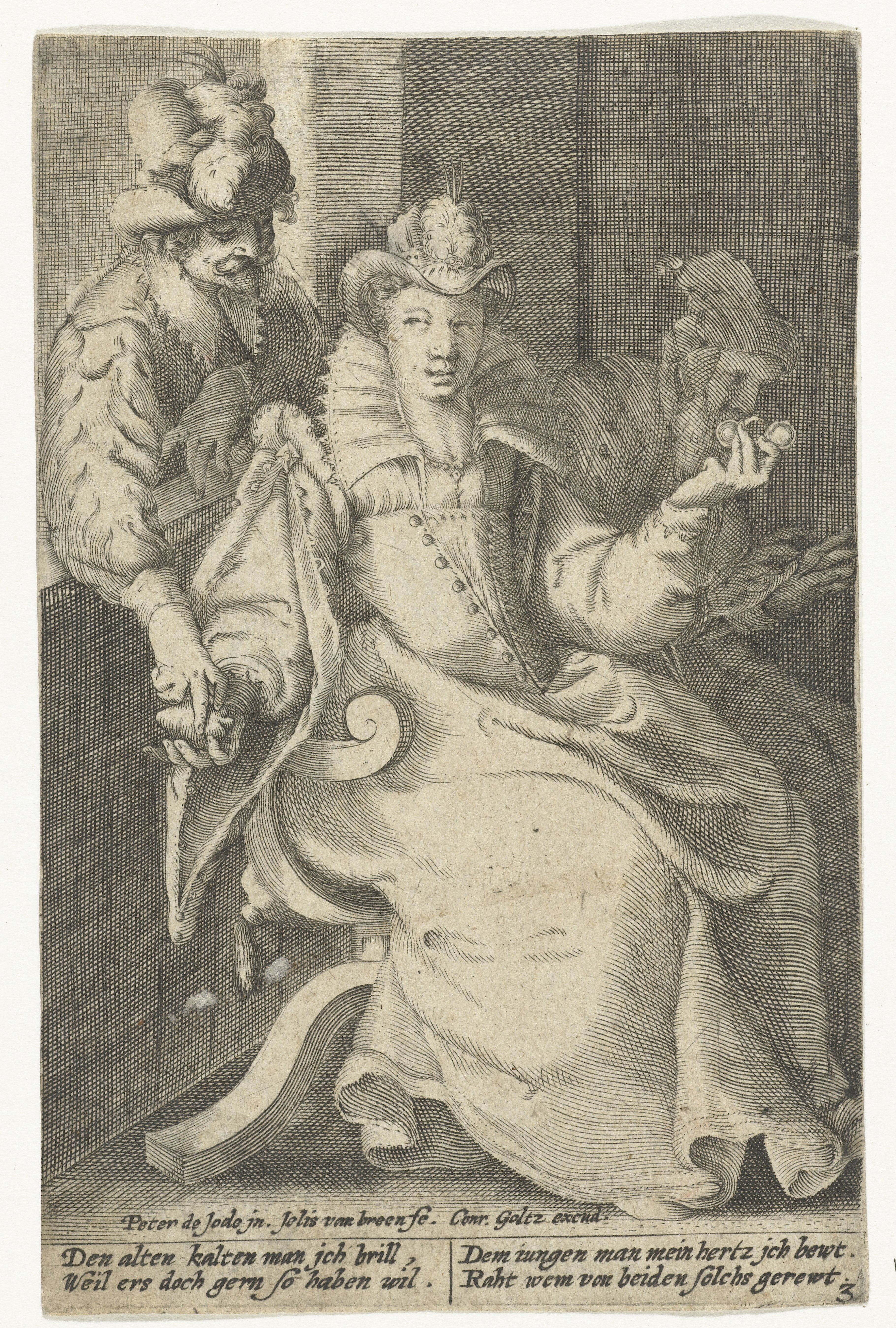 Jonge vrouw tussen een jonge en een oude man