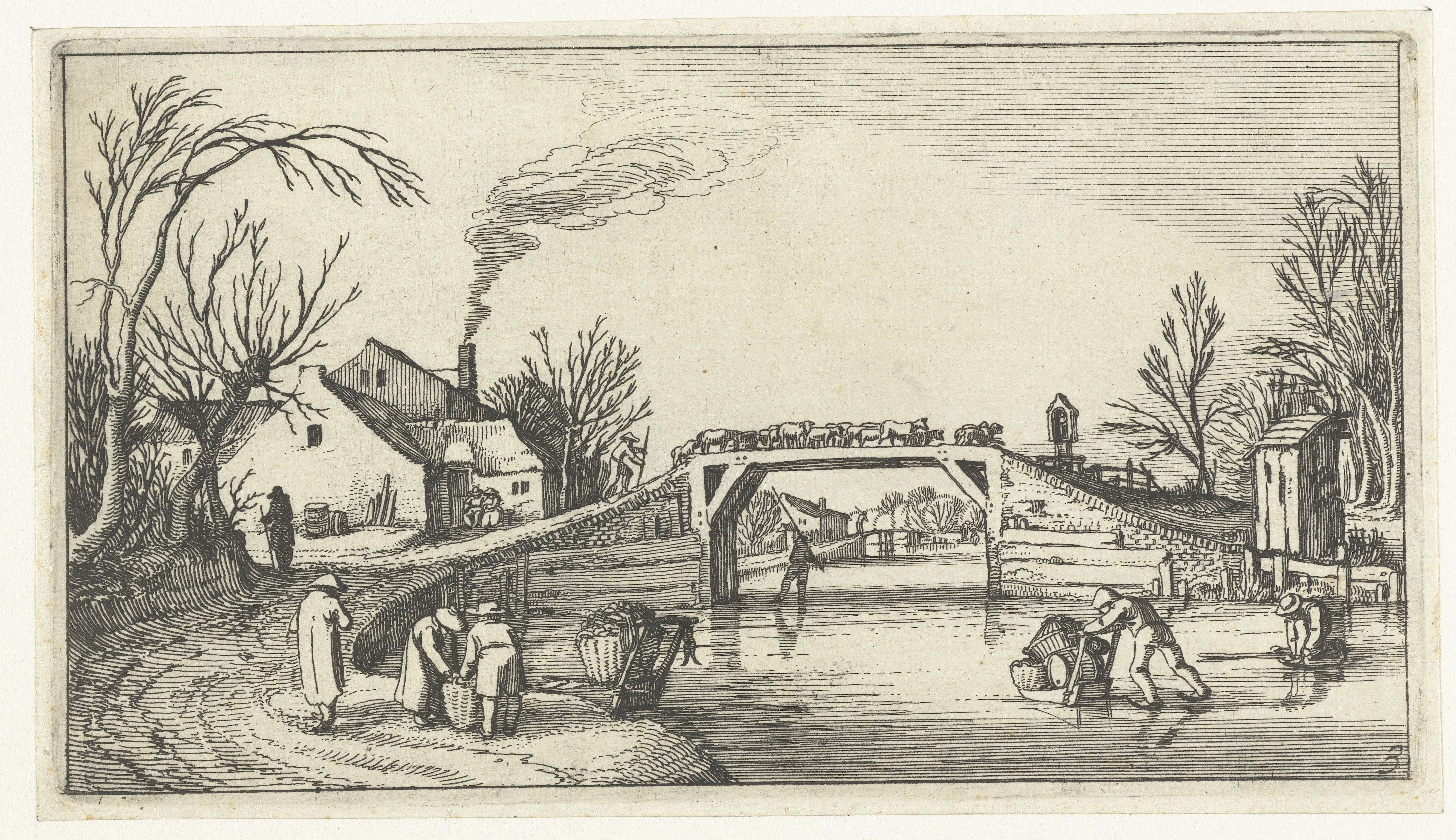 Landschap met schaatsers bij een brug met schapen