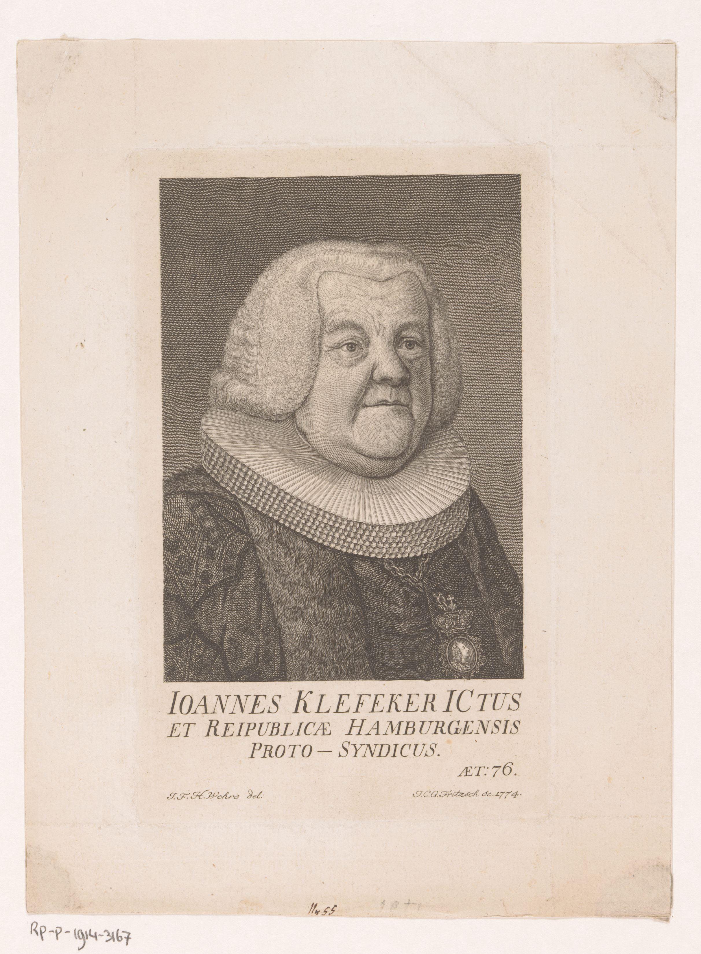 Portret van Johann Klefeker op 76-jarige leeftijd