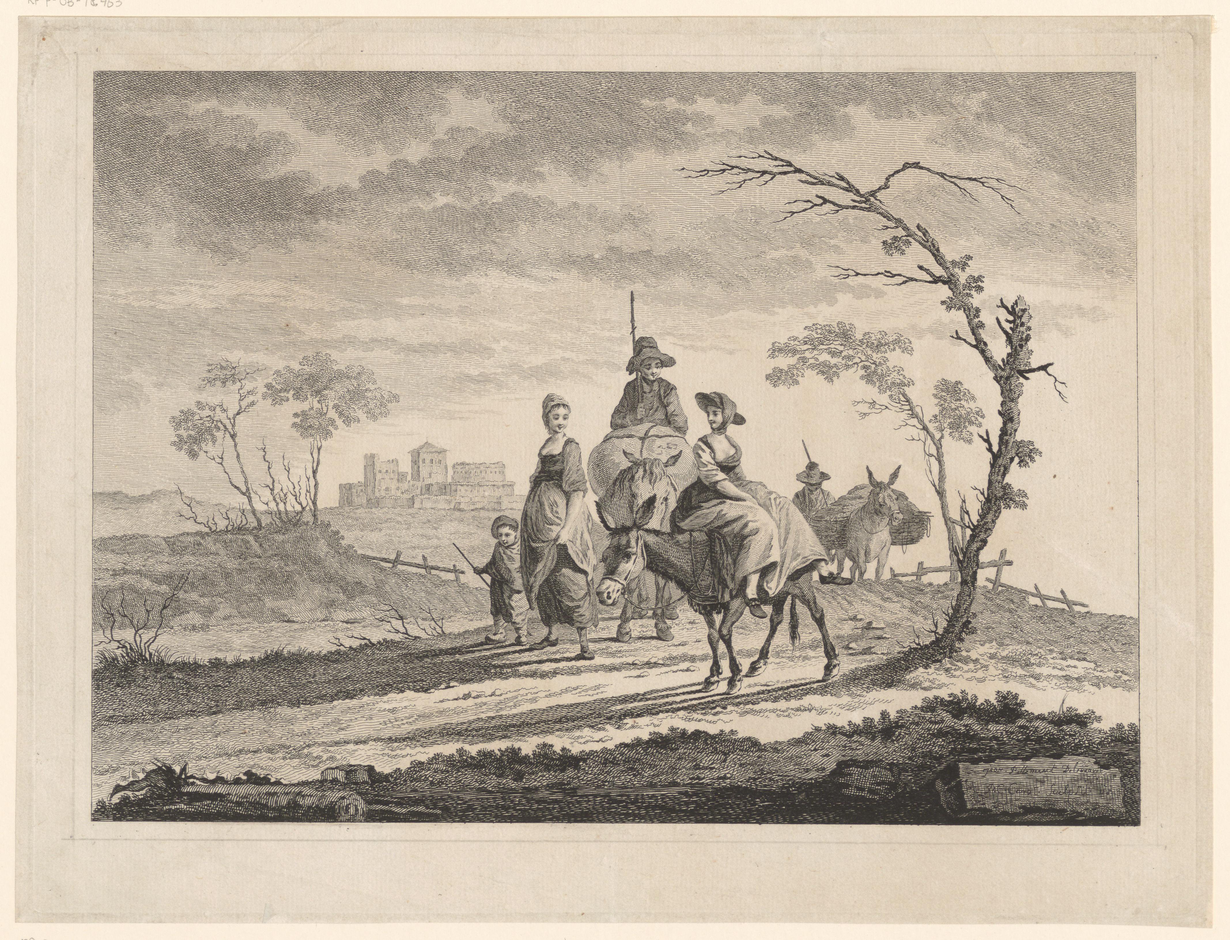 Landschap met boerenfiguren en ezels