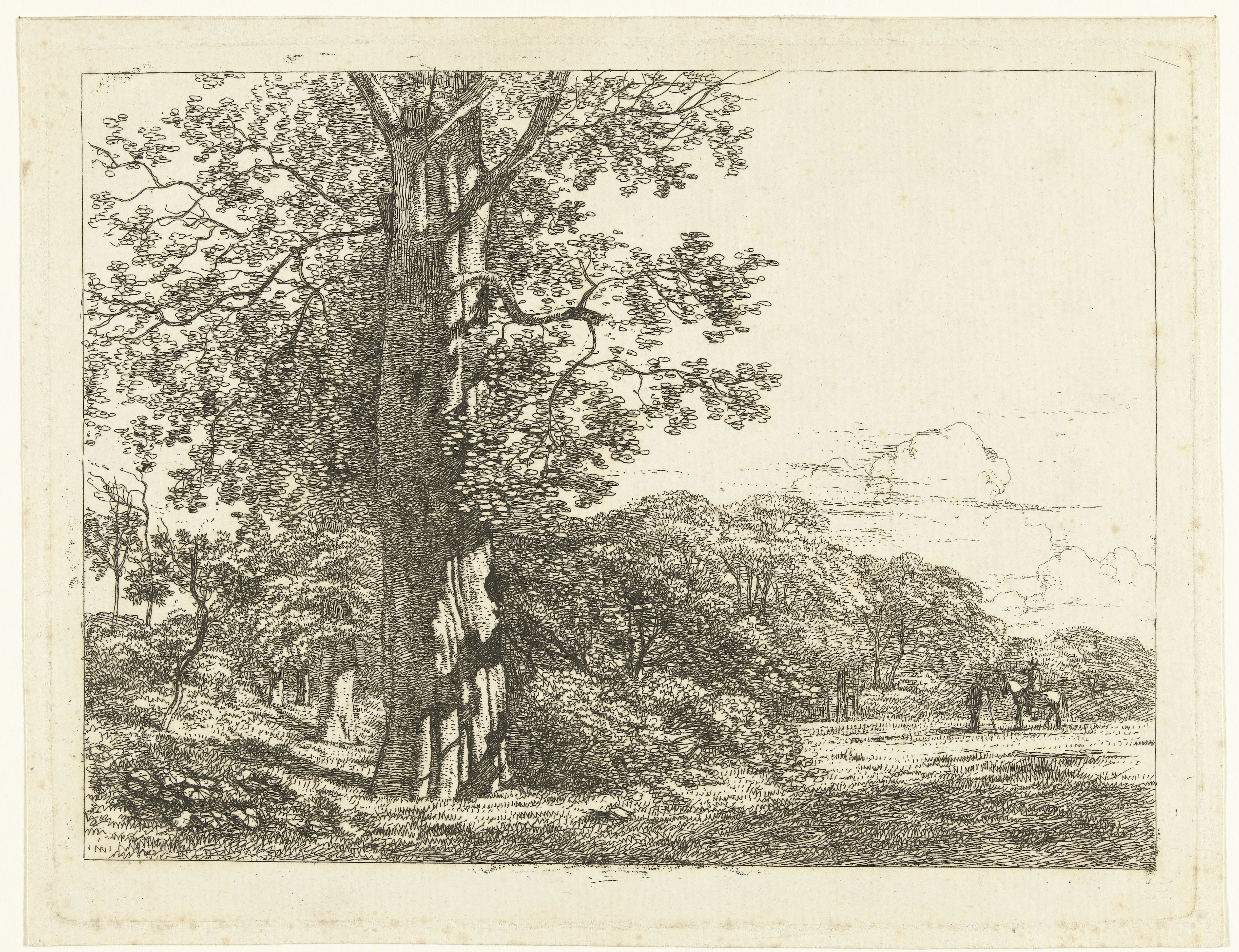 Landschap met grote beukeboom en ruiter in gesprek met man