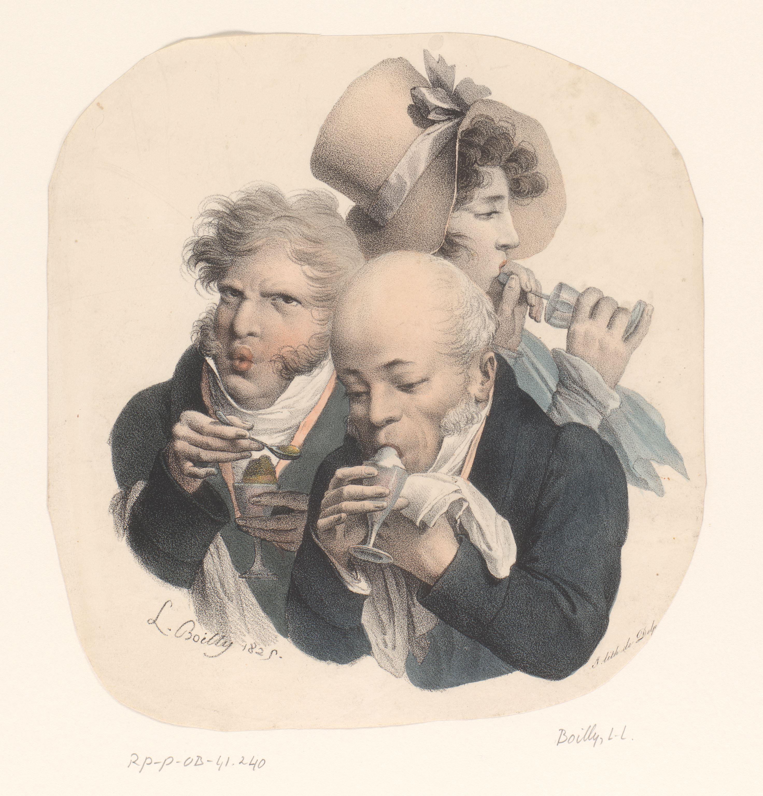 Karikatuur van twee mannen en een vrouw die een ijsje eten