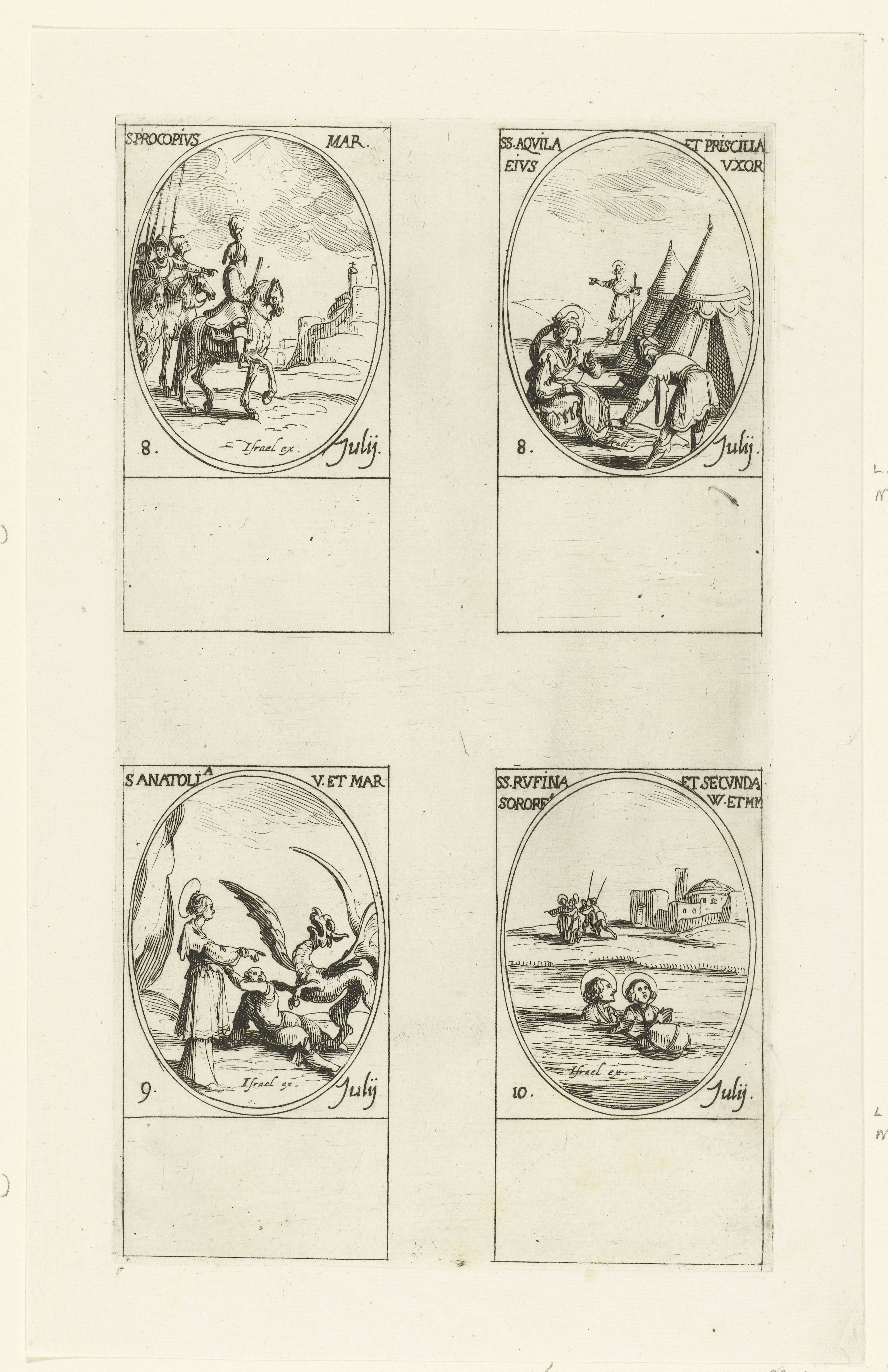 Heilige Procopius van Caesarea, Heilige Aquila en Heilige Priscilla van Rome, Heilige Anatolia, Heilige Rufina en Heilige Secunda van Rome (8-10 juli)