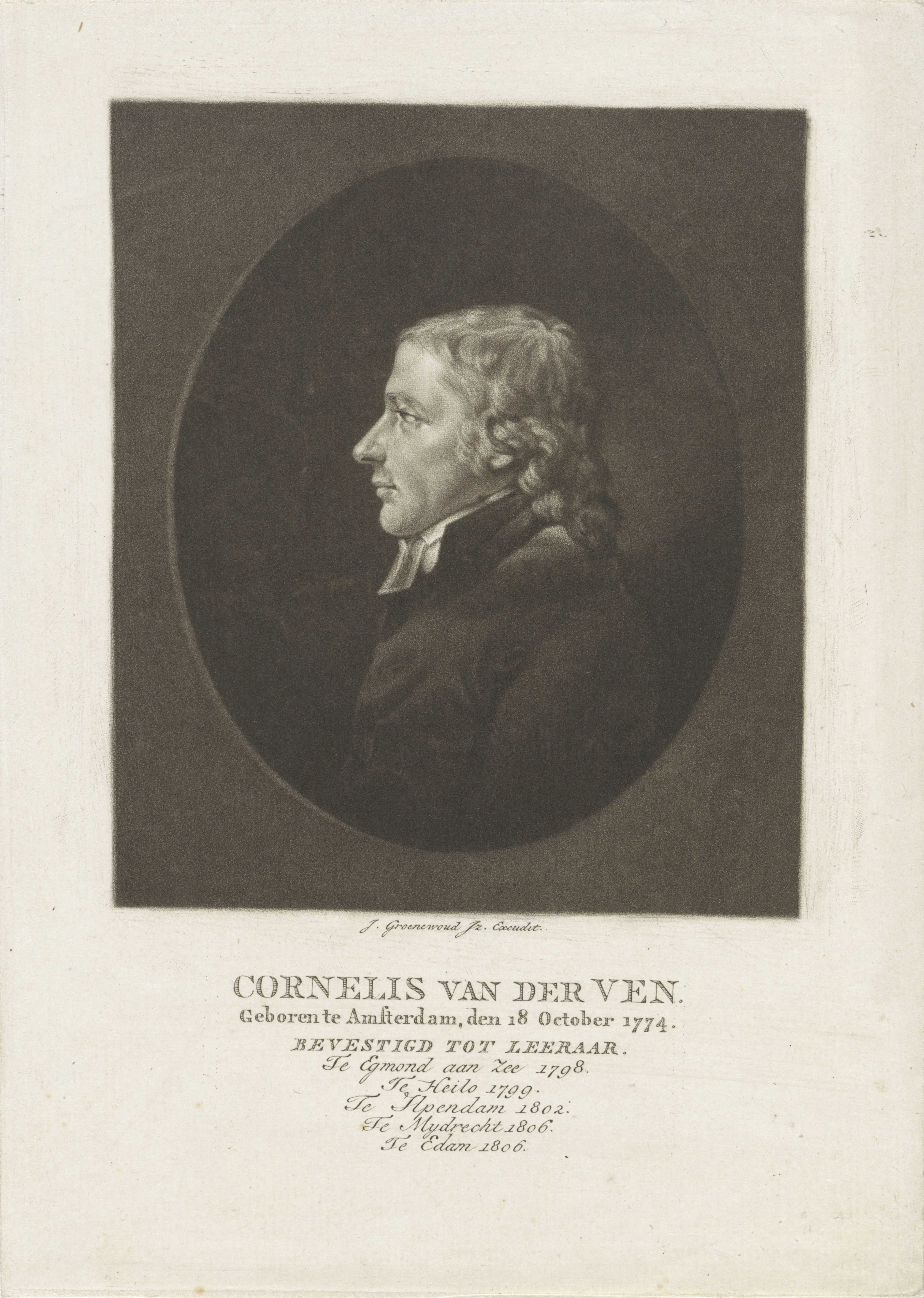 Portret van de predikant Cornelis van der Ven, in profiel