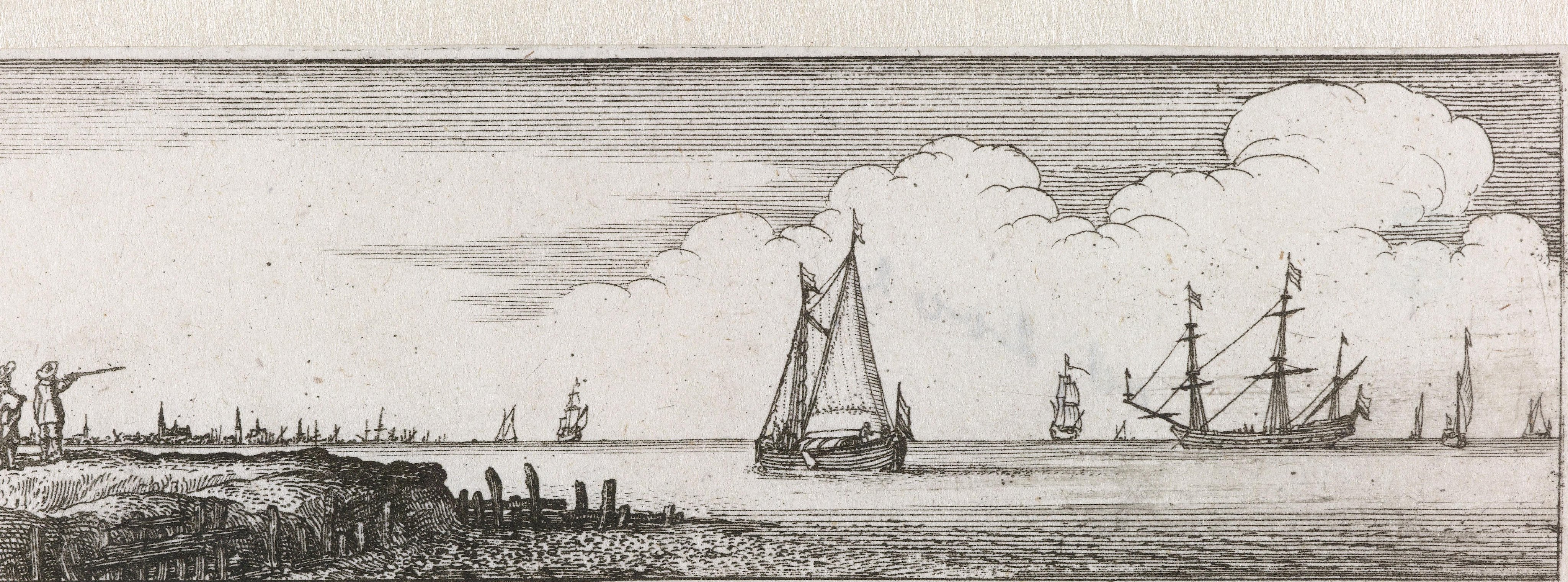 Mannen aan wal wijzend naar schepen op het water