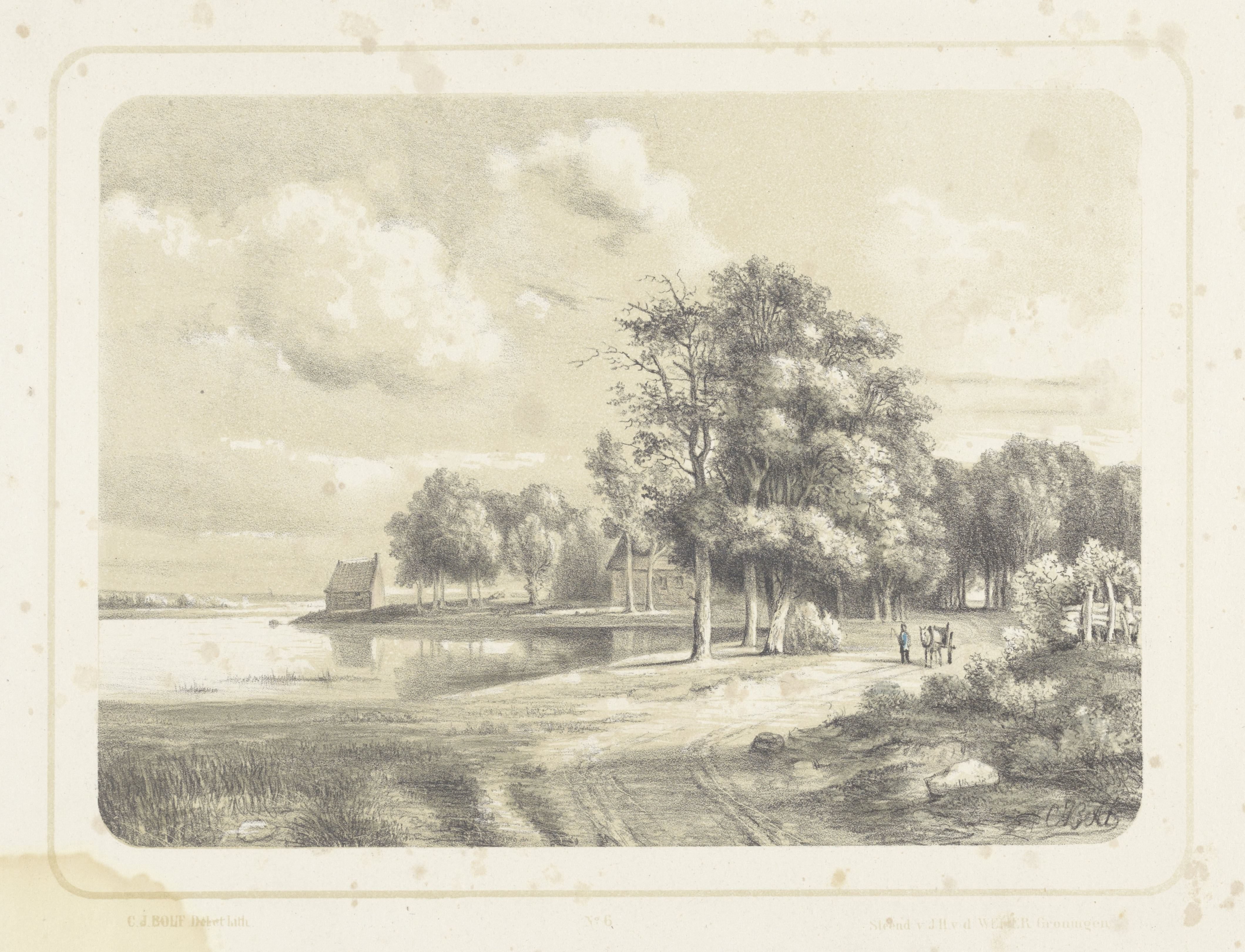 Landschap met figuur en paard en wagen