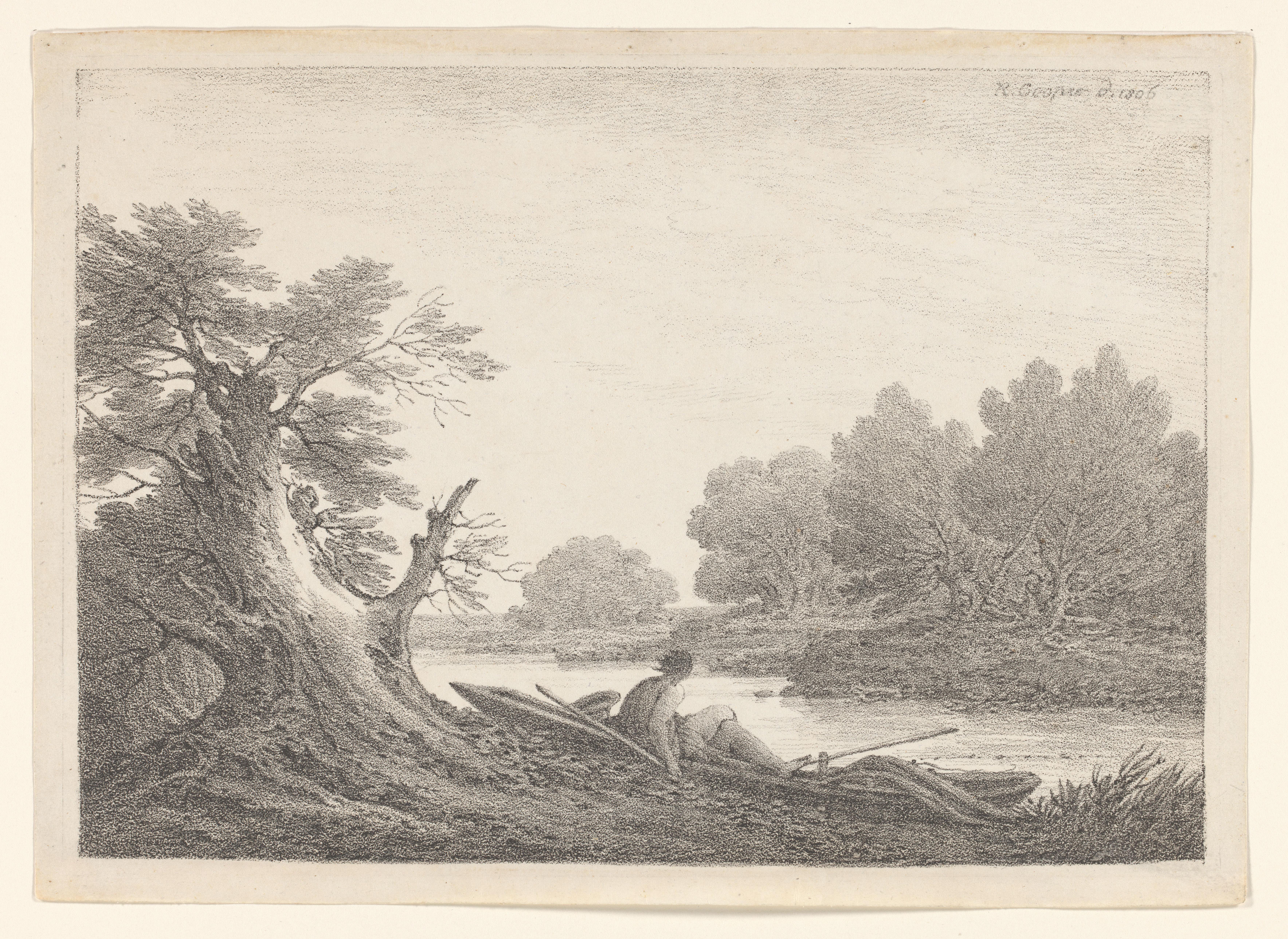 Rivierlandschap met een roeier rustend in zijn boot aan de oever
