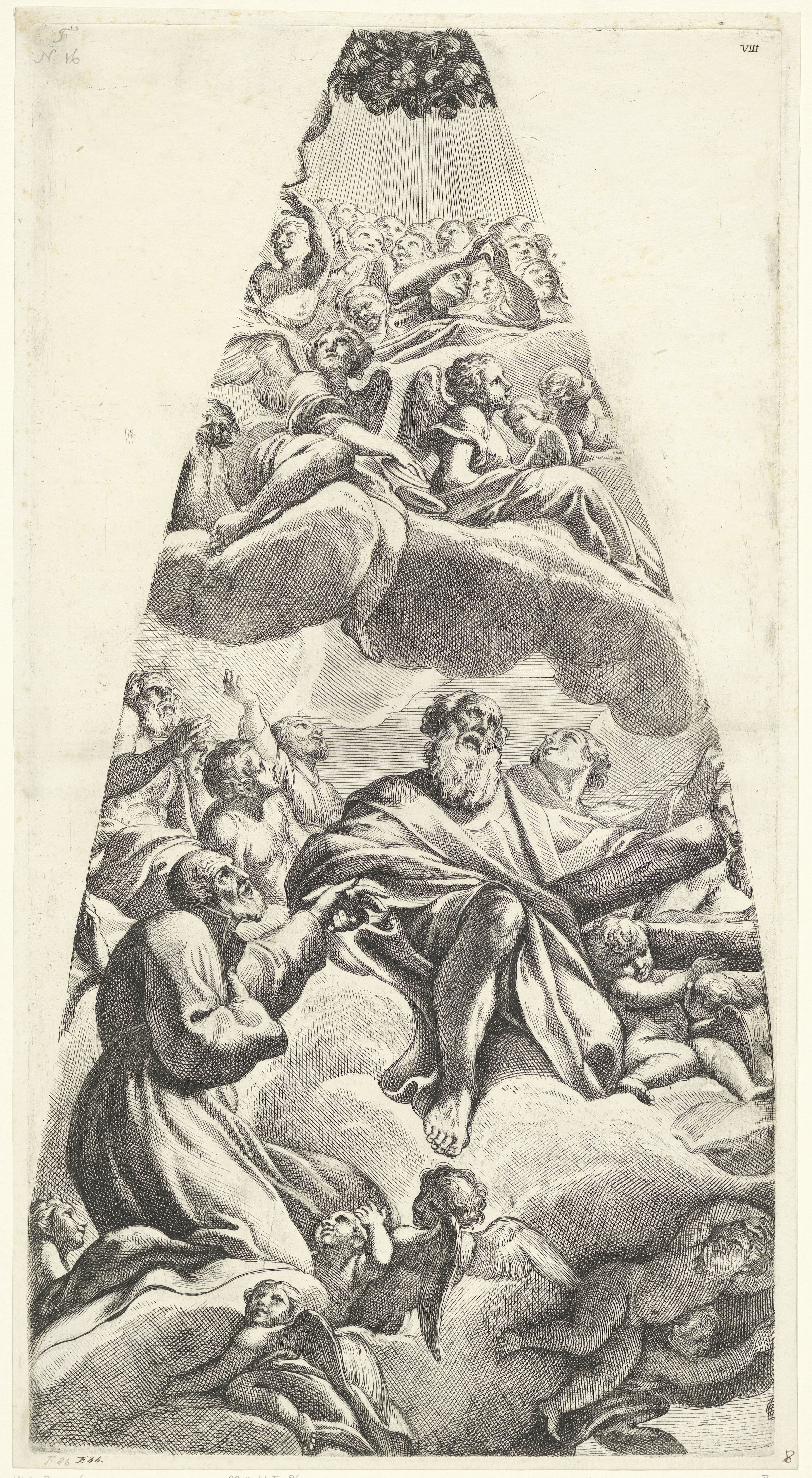 De heilige Andreas Avellinus en een geknielde heilige gezeten op een wolk