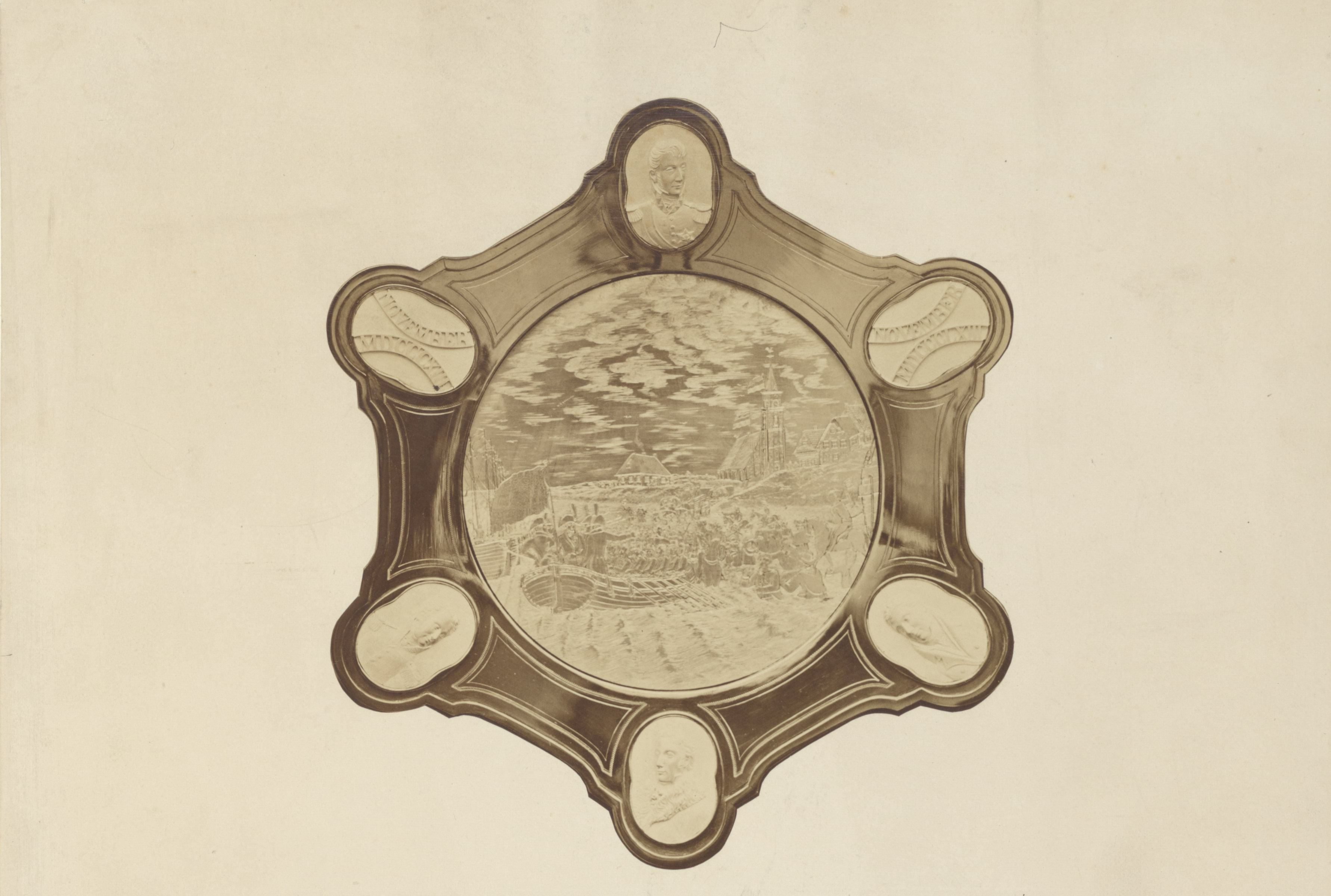 Afbeelding van het Présentoir gebruikt door Z.M. den Koning bij het leggen van den eersten steen op den 17 November 1863